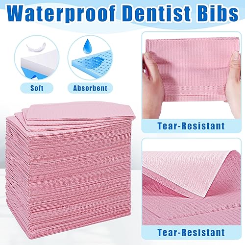 Miniatura 5 de 250 baberos dentales, baberos dentales desechables rosados, 3 capas impermeables para tatuajes, baberos suaves y resistentes a los fluidos para