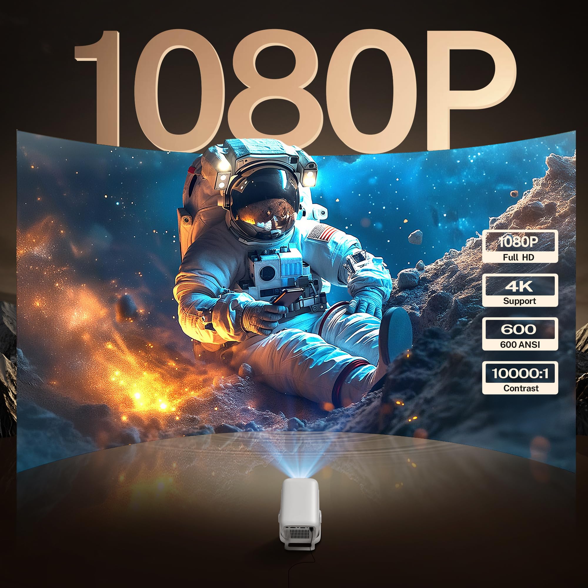 [1080P Nativo, Auto Focus] Smart Proyector con 4K Soporte, Auto Keystone, 600 ANSI, App Integrada, Inteligente Projector Portatil con WiFi 6 Bluetooth 5.4, Compatible con HDMI/iOS/Android/USB LYNCAST
