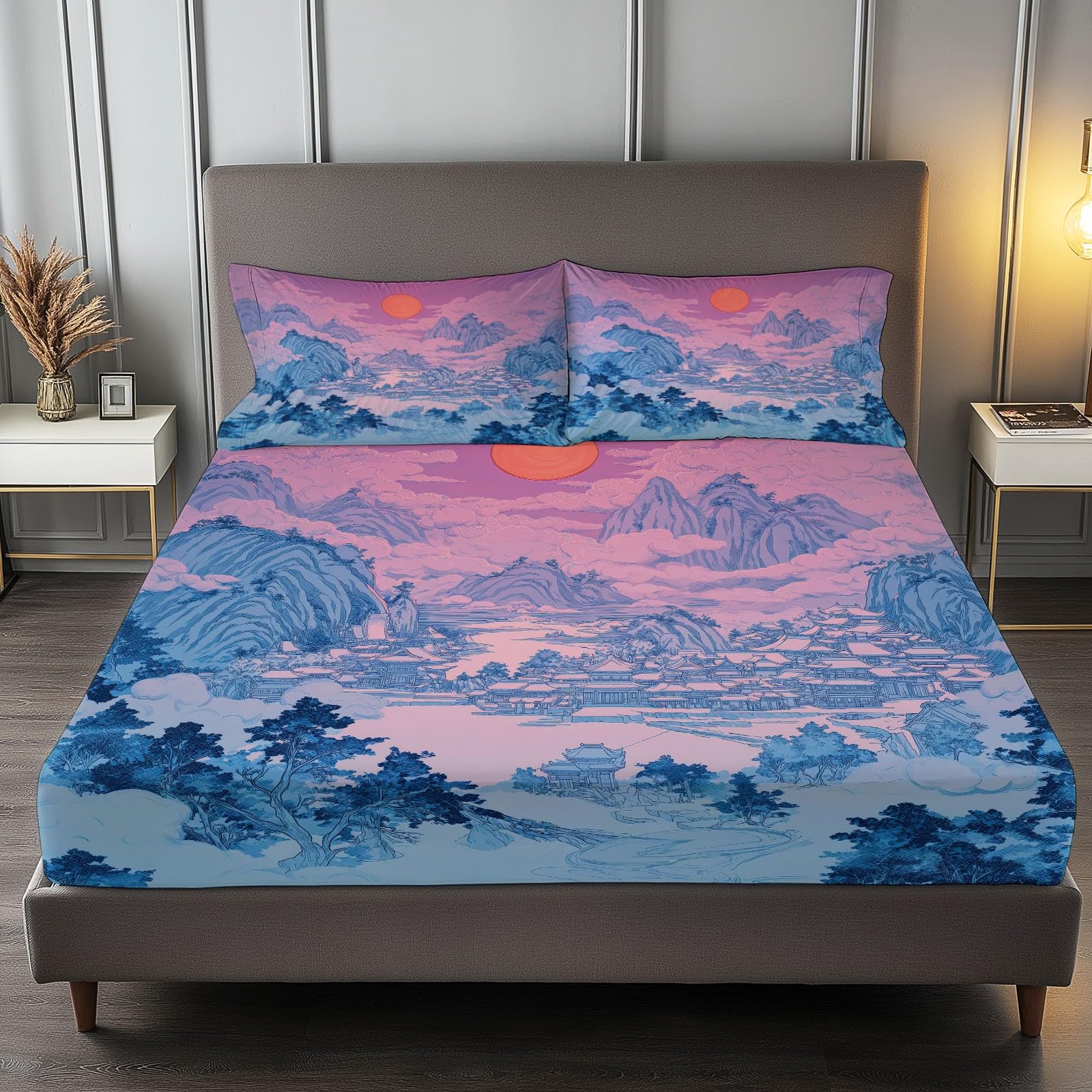 Drap housse 200x200 montagne grand bonnet 30cm microfibre rose avec taies