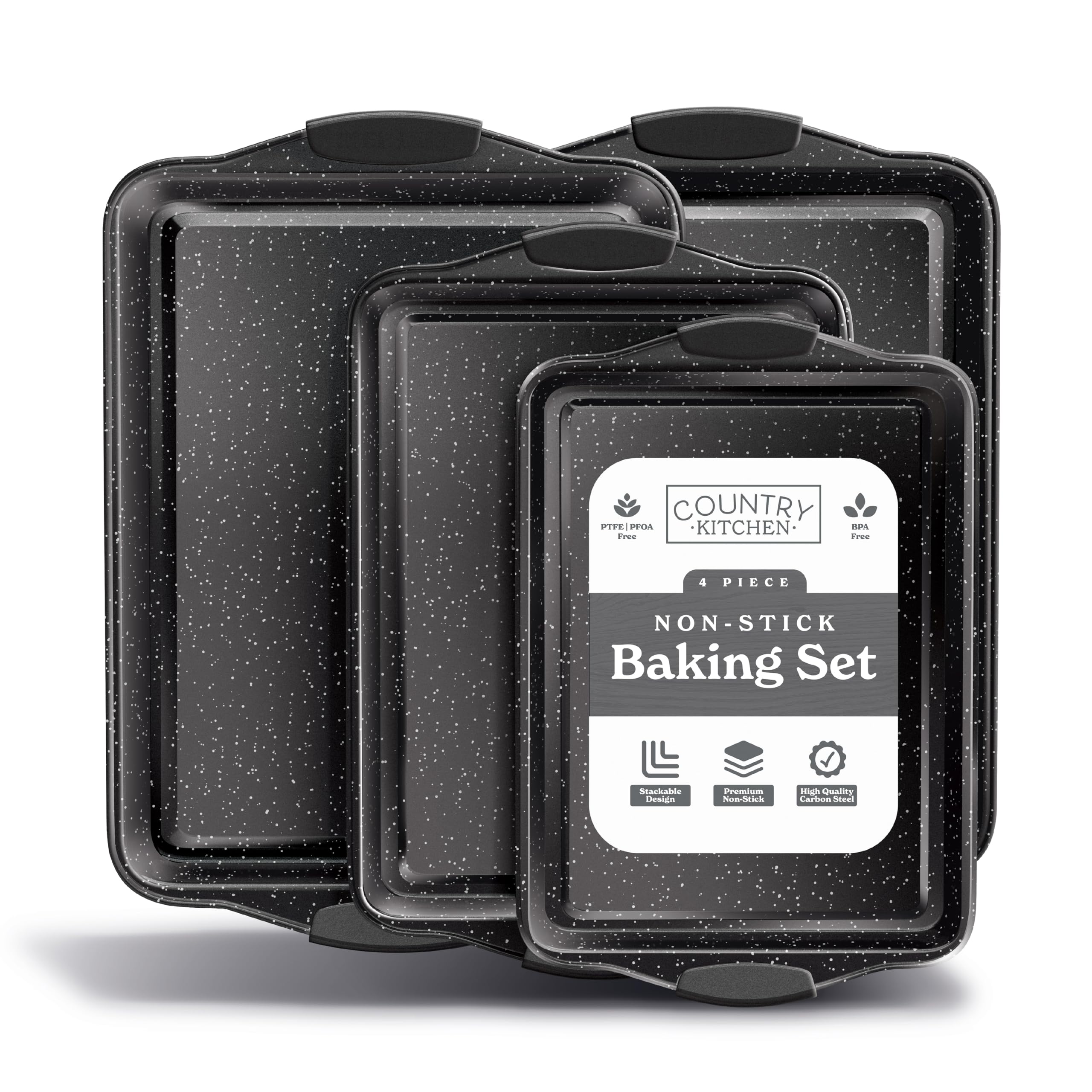 Country Kitchen Juego de 4 bandejas antiadherentes apilables para hornear, sin PFOA, PFOS, PTFE con revestimiento antiadherente, aptas para horno a 232.2 °C, bandeja para galletas (negro)