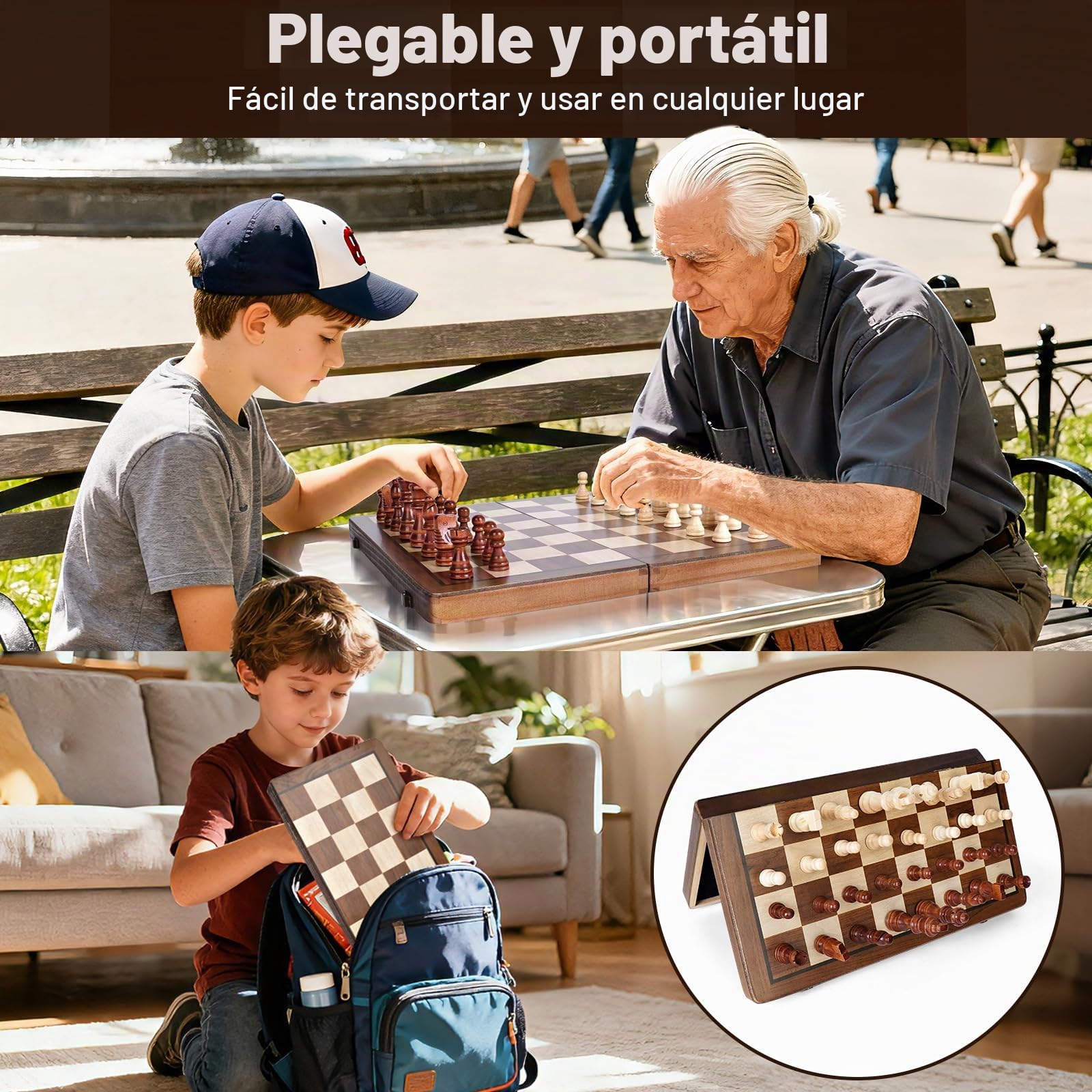 Ajedrez Magnetico Plegable, 2 en 1 Ajedrez Madera 39×39 cm Tablero de Magnetic Chess Game, Chess Set Damas Juego de Mesa con Bolsa de Almacenamiento, Juego para Viaje y Fiesta