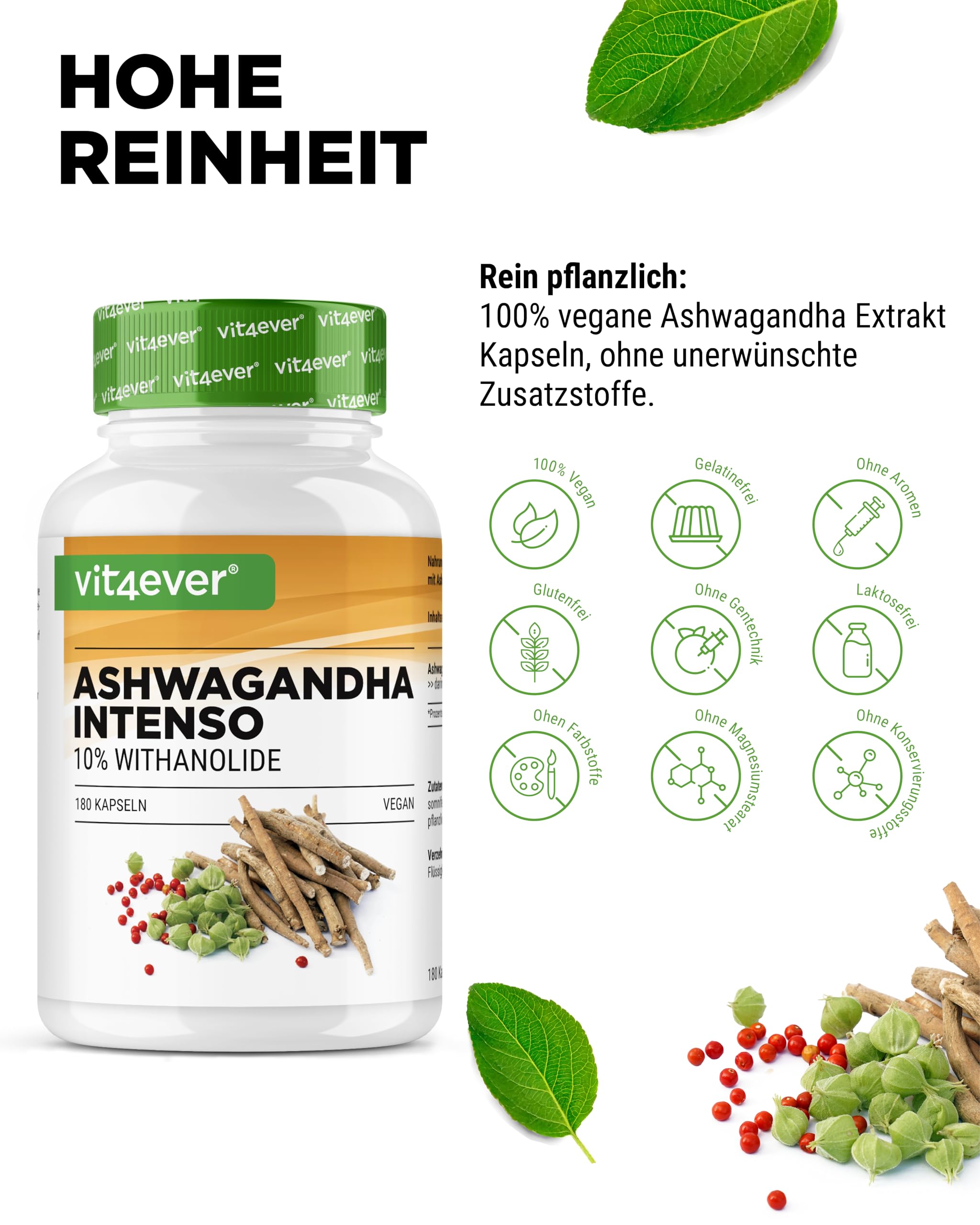 Ashwagandha Extrakt - 180 Kapseln mit 750 mg reinem Wurzelextrakt pro Kapsel & 10% Withanoliden - Hohe Reinheit - Vegan - Hochdosiert - Premium Qualität