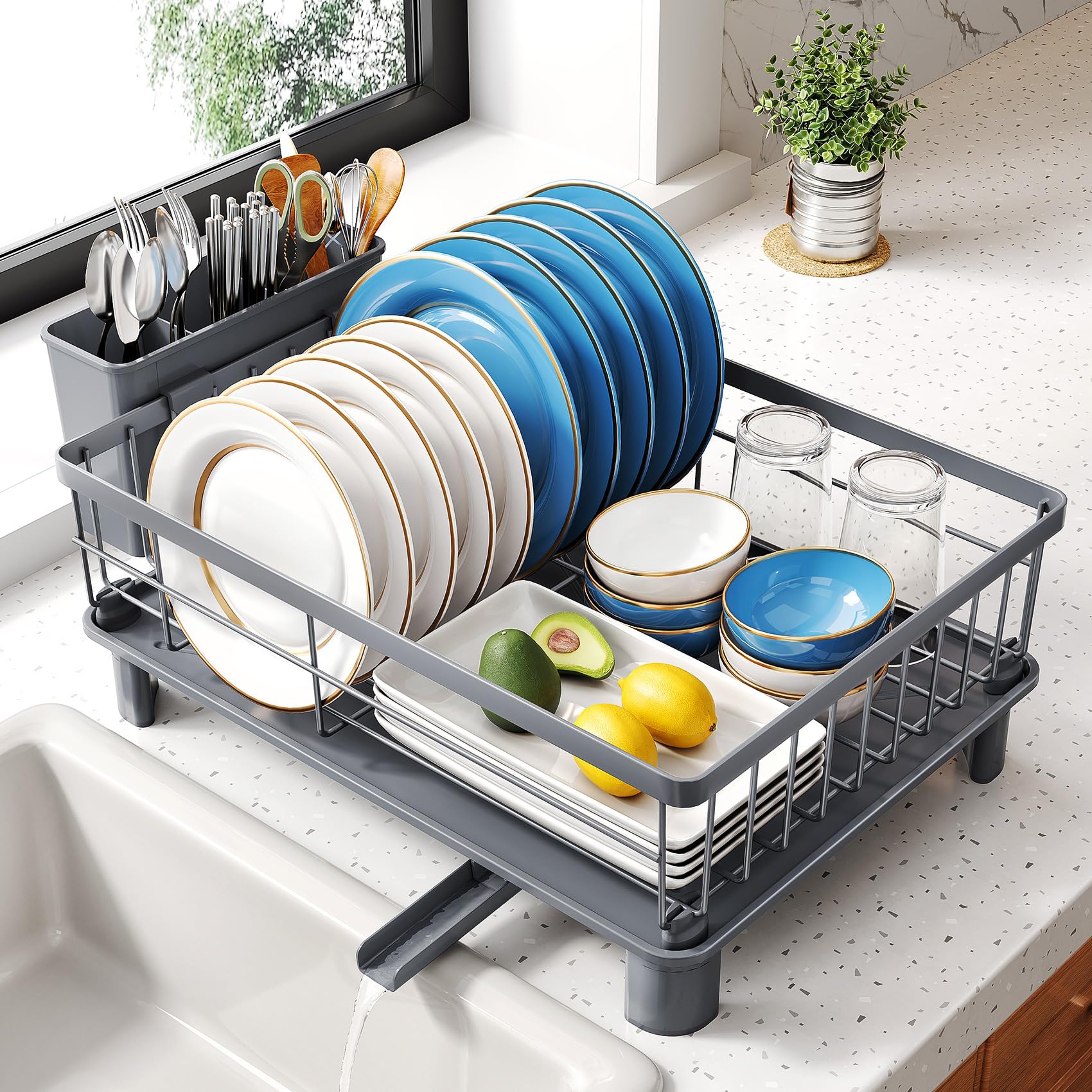 Photo 1 of SNTD Dish Drying Rack - Small Dish Rack for Kitchen Counter, Stainless Steel Dish Drainer with Utensil Holder and Drainboard, 11" W x 15" L (Grey)