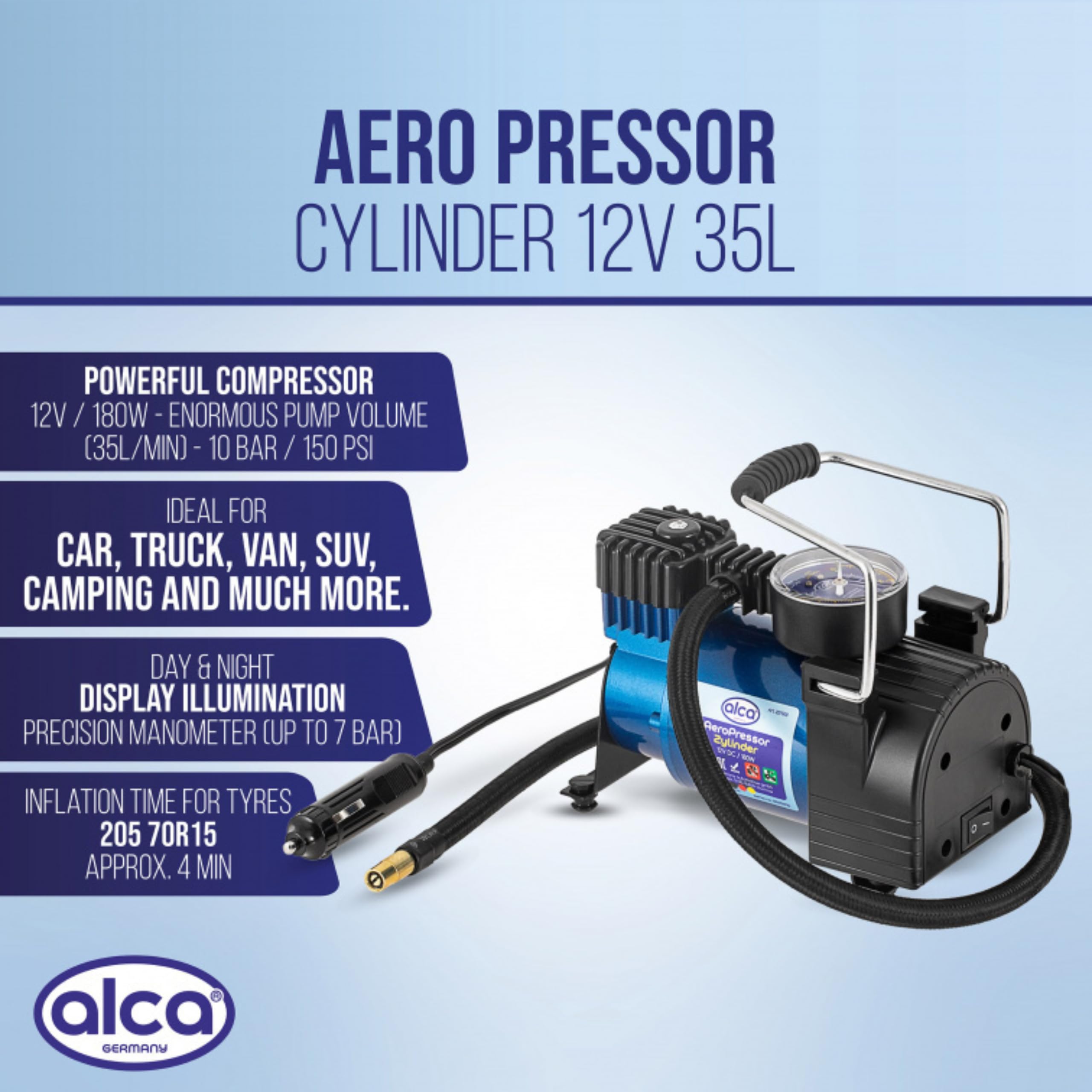 Premium ALCA Niemcy poręczna pompa sprężarki powietrza 12 V, 35 l, 7 barów, 100 PSI, podświetlany manometr, adaptery, wszystkie typy pompowania opon, wtyczka papierosowa, przewód zasilający 11,5 m