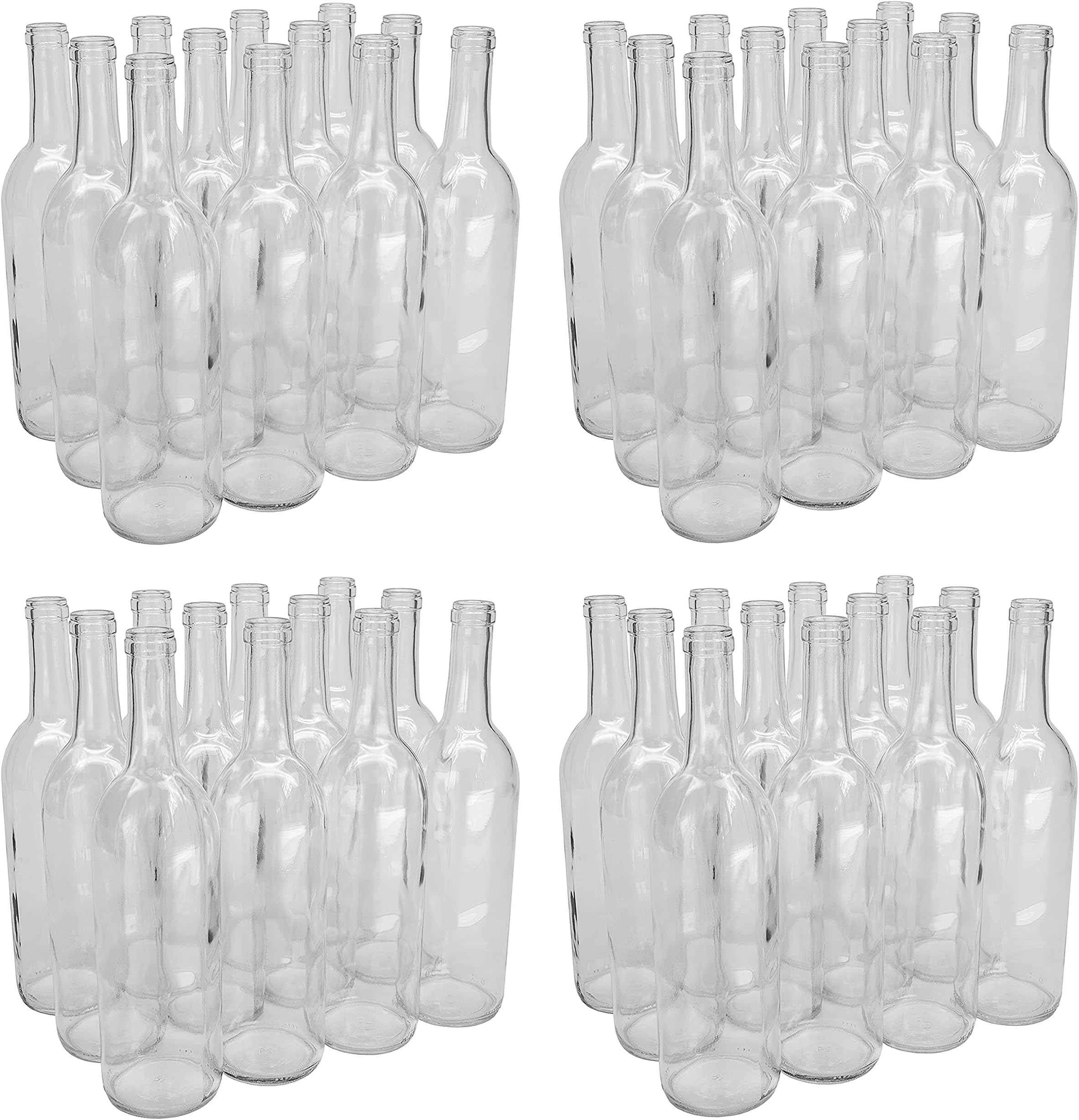 750ml Glass Bordeaux Wine Bottle Flat-Bottomed Cork Finish - 48 Bottles (4 Cases of 12) - Clear/Flint