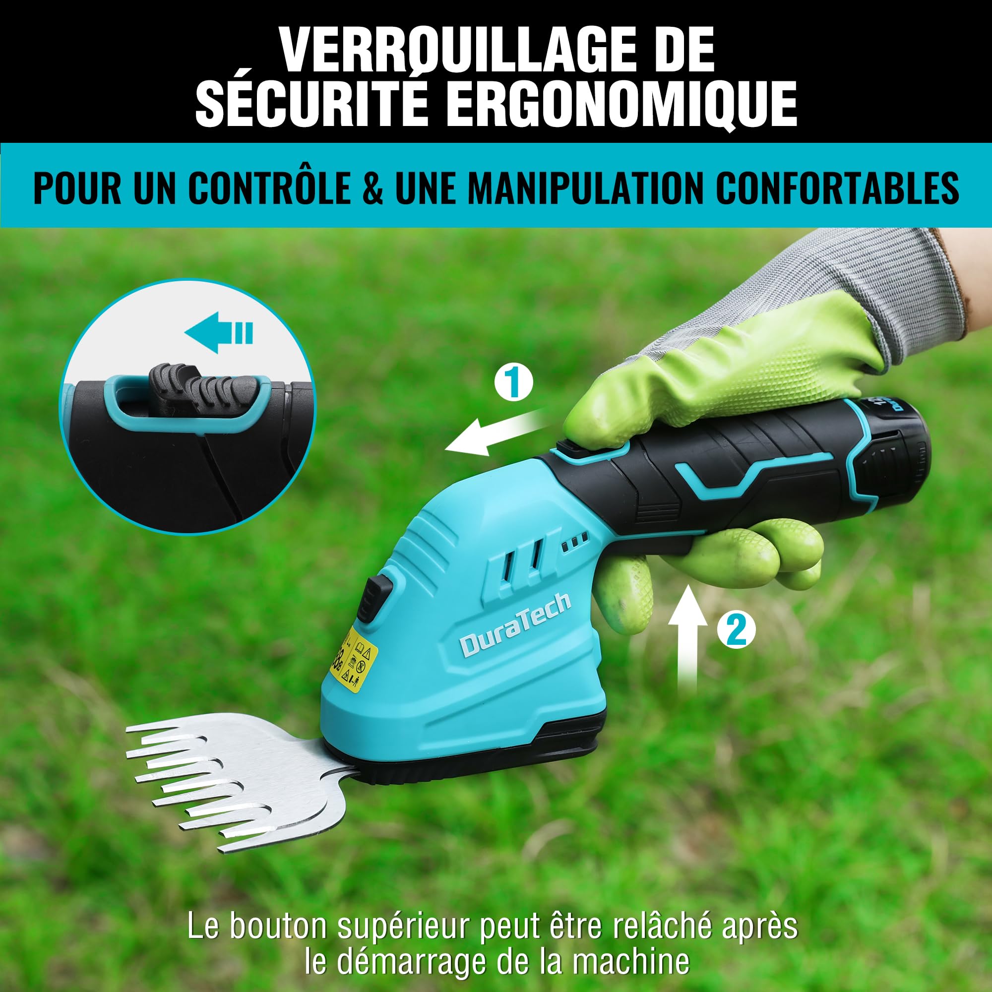 DURATECH Cisaille Sculpte-Haie Électrique et Taille-Herbes Téléscopique sans Fil 12V, Cisaille à Gazon 2 en 1, Largeur/Longueur de Coupe 12/16 cm, Batterie 2000mAh, pour Coupe, Élagage, Bleu & Noir