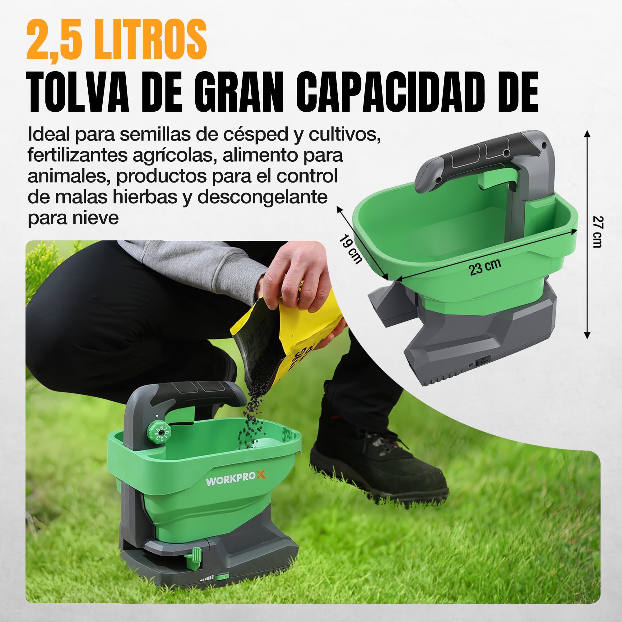 WORKPROX Sembradora Universal con batería Recargable 7,2 V, 8 Niveles de Flujo, 6 Velocidades y Ancho de Proyección Regulable, Esparcidor para Semillas de Césped, Fertilizantes y Sal Antihielo