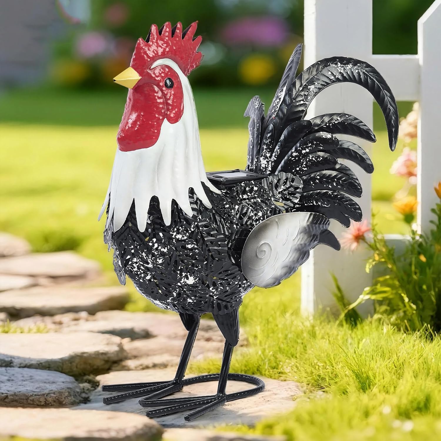 Metal Rooster Statue Yard Decor - 15" Solar Light Metal Yard Art Standing Chicken Statue Garden Decoration, Large Animal Sculpture Chicken Figture for Outdoor Porch Patio Backyard Lawn Ornament