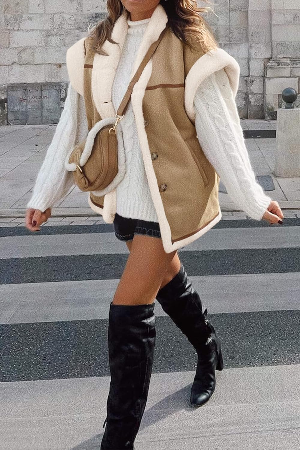 Cicy Bell Womens Suede Sherpa Vest Faux Fur Shearling Jacket Oversized Cap Sleeve Button Down Winter Coats - Image 3