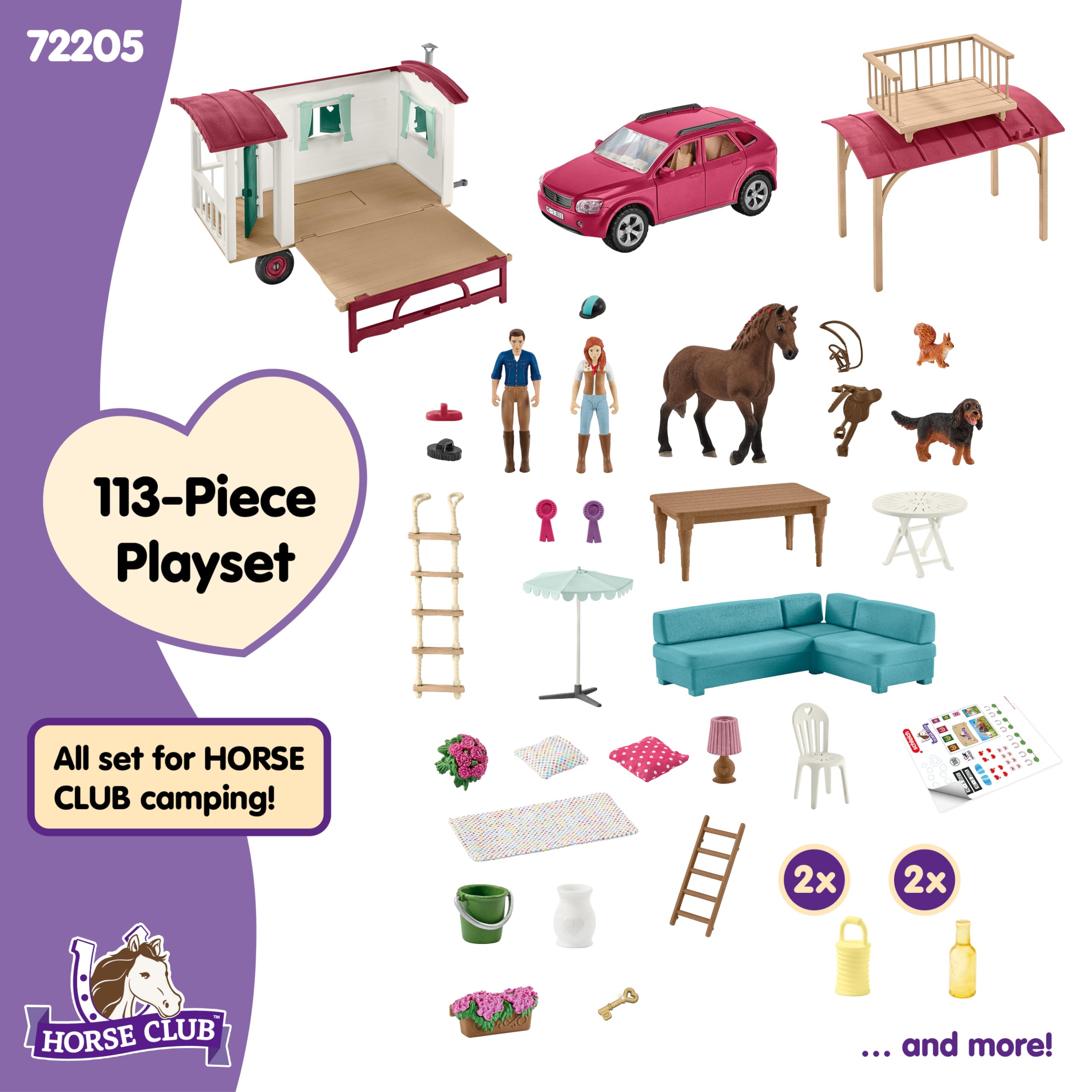 schleich HORSE CLUB | Przygoda z przyczepą kempingową 72205 | Zestaw z przyczepą, SUV-em, 2 figurkami, koniem i psem | Akcesoria dla koni schleich | Zabawka od 5 lat | 113 elementów | tylko na Amazon | Zestaw z przyczepą kempingową, SUV-em, 2 figurkami, k