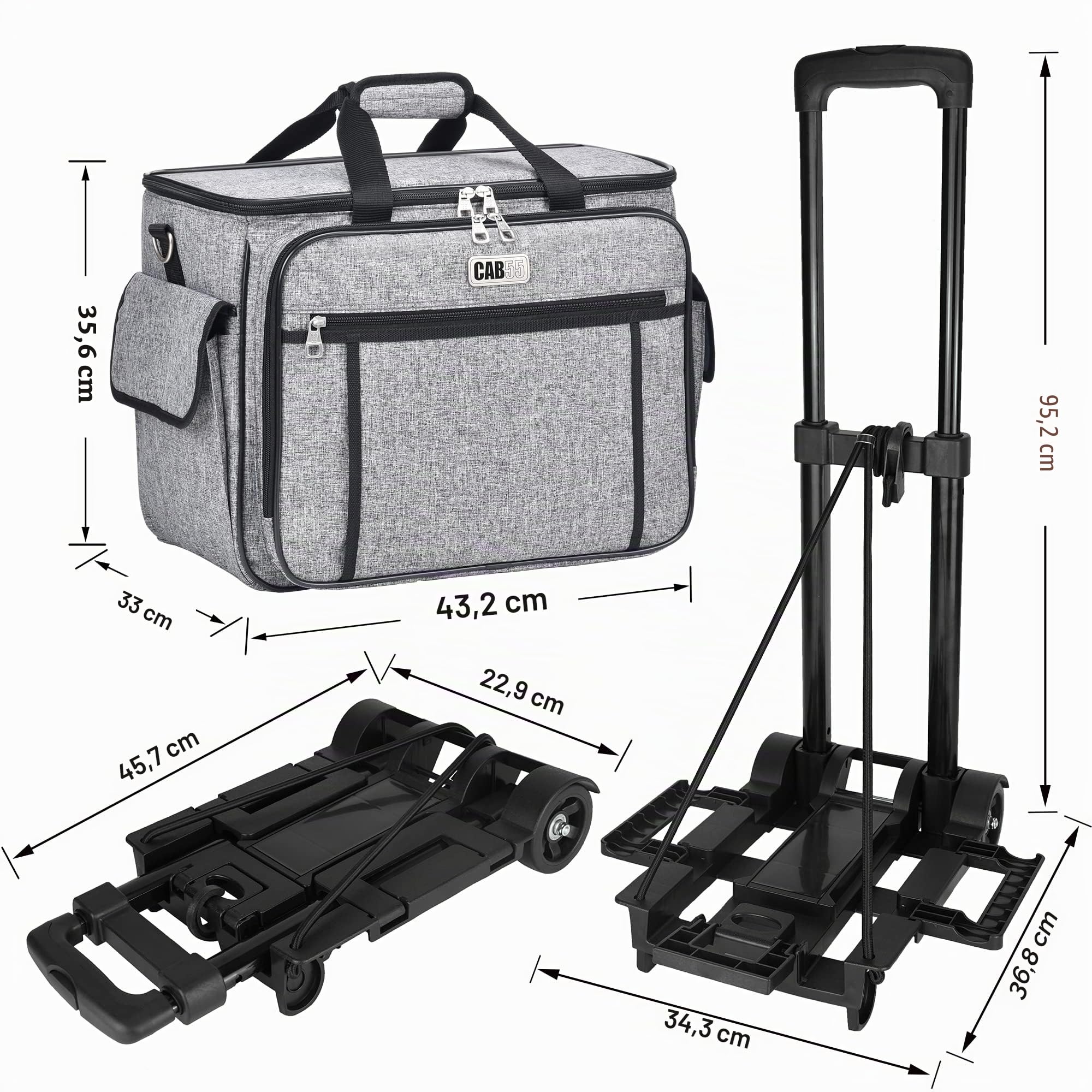 CAB55 Roll-Nähmaschinenkoffer, abnehmbare Roll-Nähmaschinen-Tragetasche auf Rädern, Trolley-Tragetasche mit abnehmbarem Boden, Holzbrett für die meisten Standard-Nähmaschinen und Zubehör