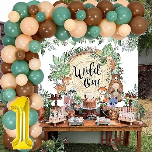 Miniatura 8 de Decoraciones de primer cumpleaños del bosque para niña, kit de arco de guirnalda de globos con telón de fondo rosa para animales del bosque,