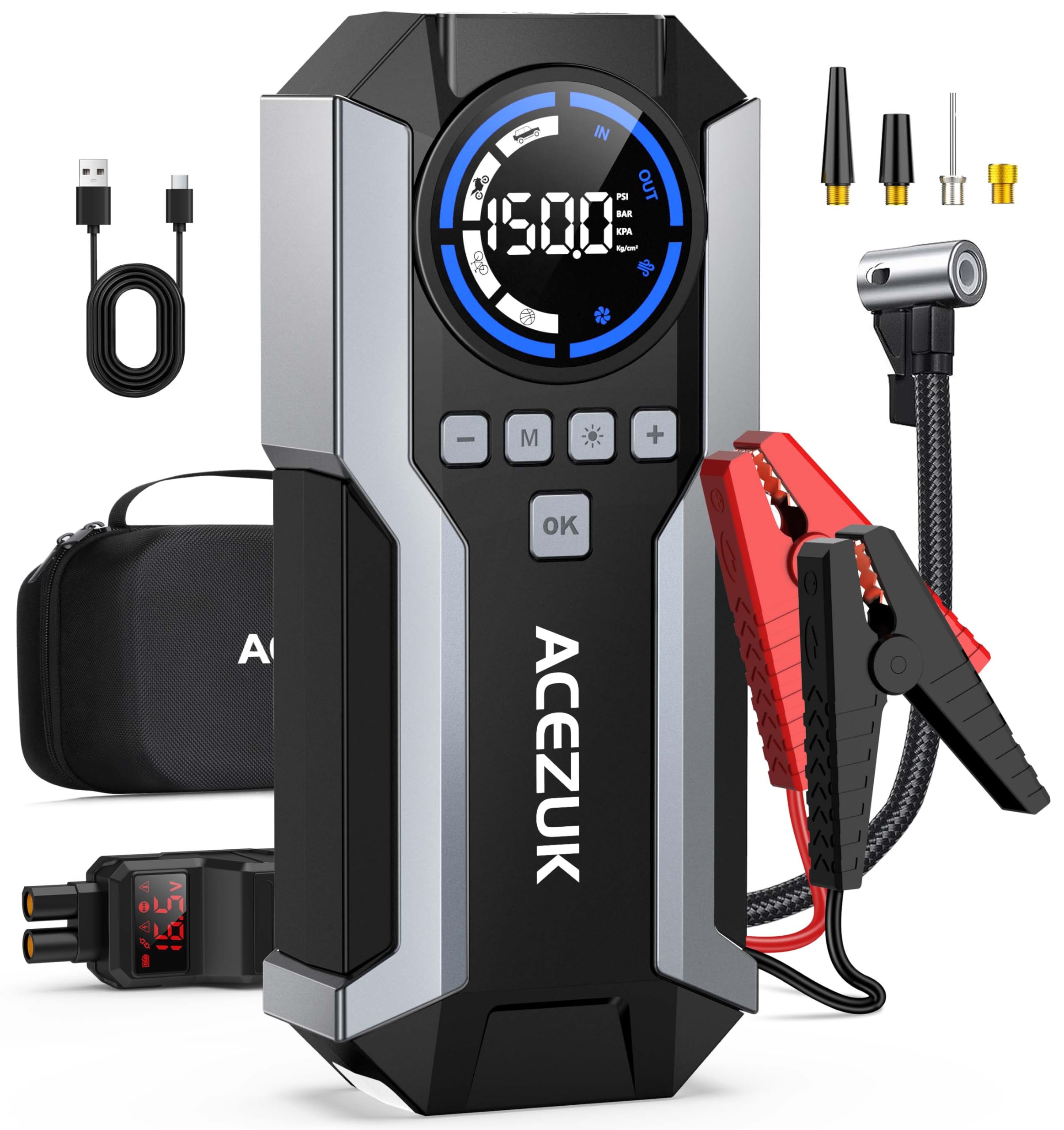 ACEZUK Starthilfe Powerbank 6000A 150PSI Kompressor (Bis Zu 10,0L Benzin Oder 8.0L Diesel) Auto Starthilfe LED-Taschenlampe, großen Bildschirm, Jumper Bildschirm