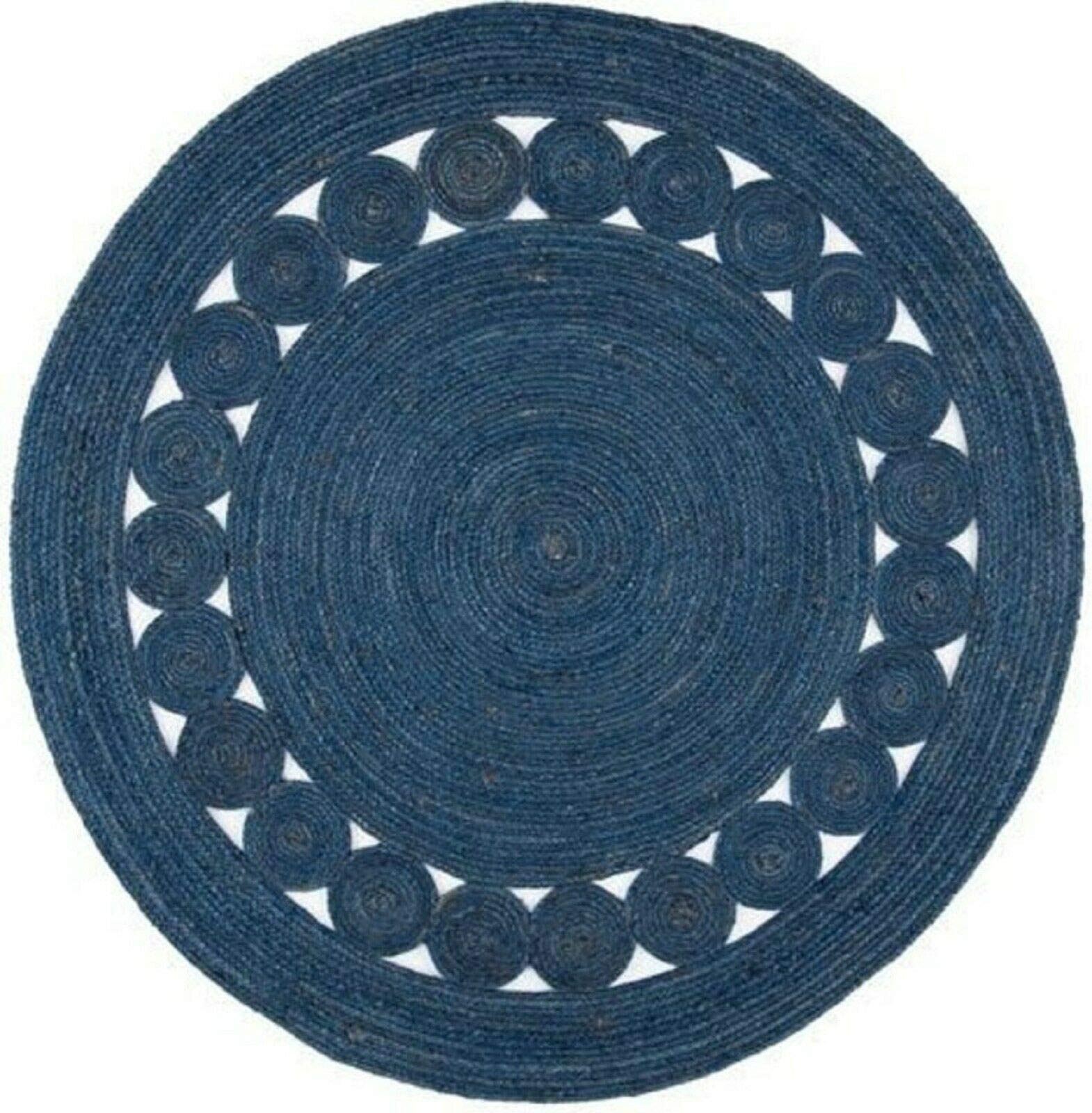 Ripaz Tapis en Jute tressé à la Main pour décoration d'intérieur (60 x 60 cm, Rond, Bleu)
