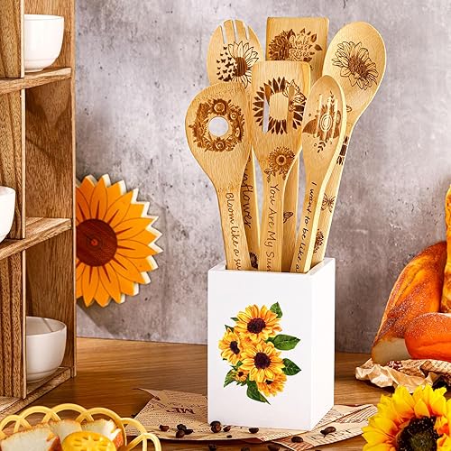Miniatura 3 de Juego de 7 utensilios de cocina de girasol, cucharas de bambú para cocinar con soporte para utensilios, decoración de cocina de girasol, lindo