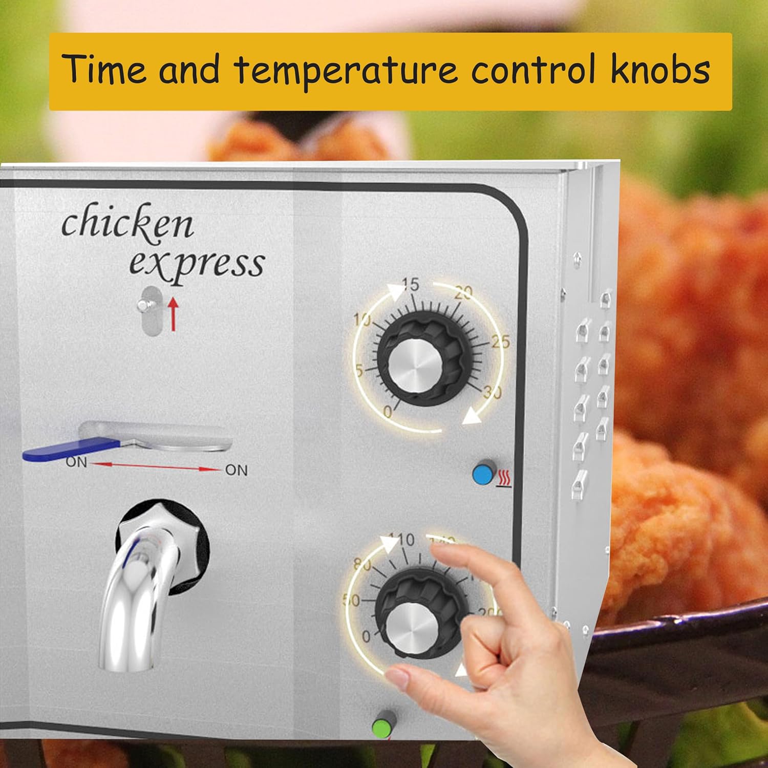 Close-up of the time and temperature control knobs on the pressure fryer