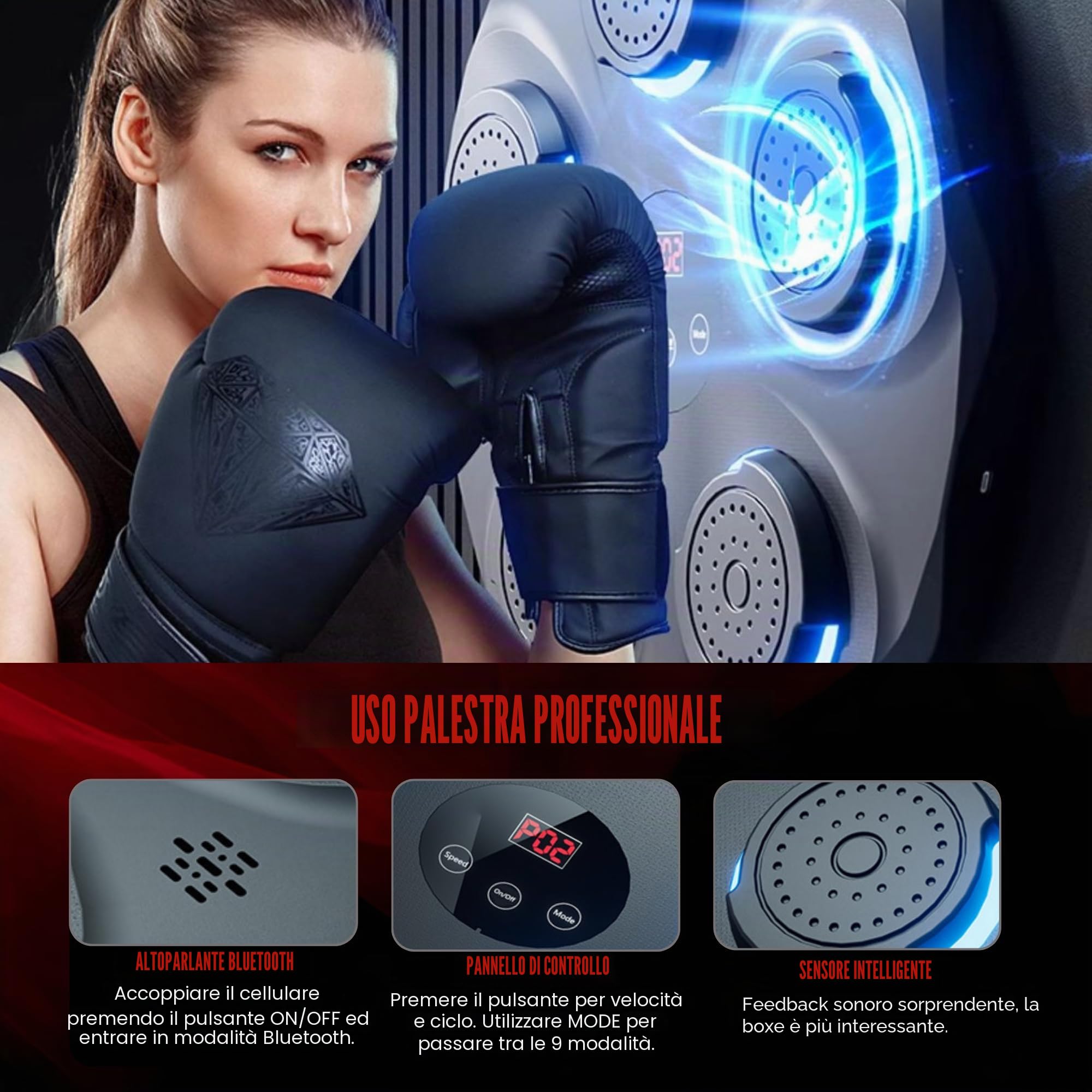 MAGIC SELECT Macchina da boxe musicale da parete con LED, guantoni da boxe, Bluetooth e luci al ritmo della musica, pugilato per bambini/adulti (9 modalità, 43 x 43 cm)