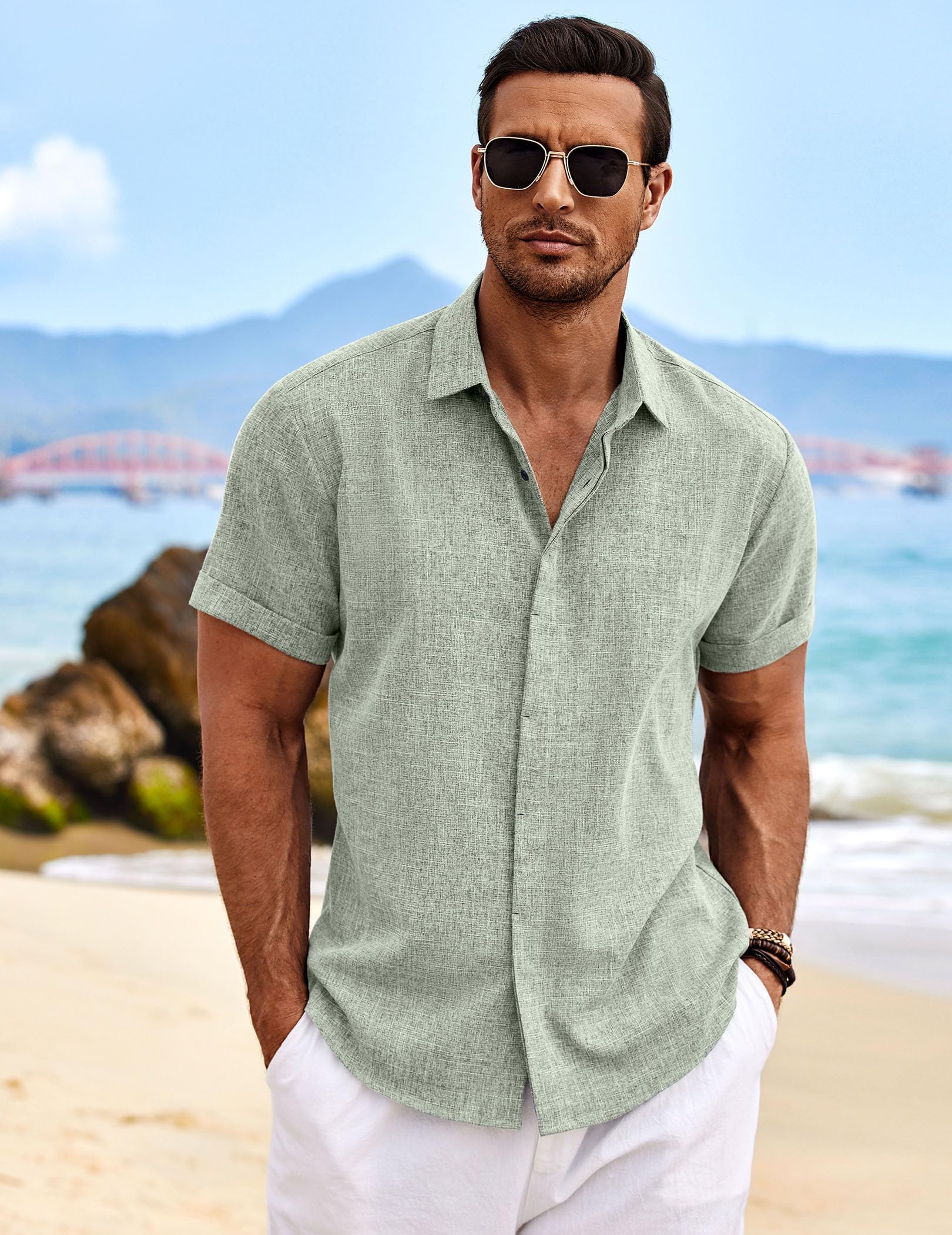 COOFANDY Camisa de Lino para Hombre Camisa de Manga Corta con Botones Camisas Informales de Ajuste Regular Camisa de Lino de Playa de Verano
