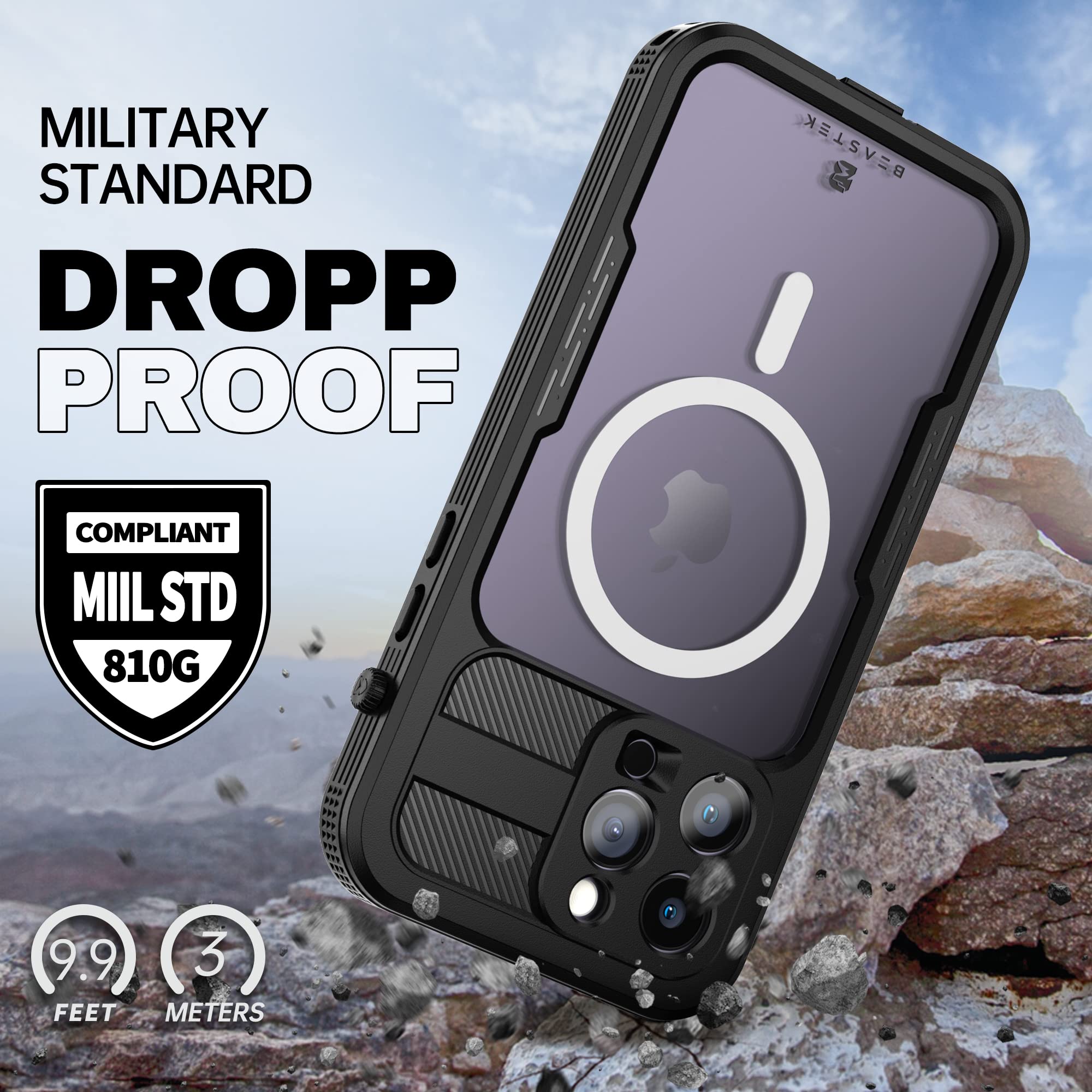 BEASTEK Funda impermeable para iPhone 14 Pro, serie SRE, MagSafe a prueba de golpes con protector de pantalla integrado y funda protectora magnética IP68, iPhone 14 Pro de 6.1 pulgadas (negro)