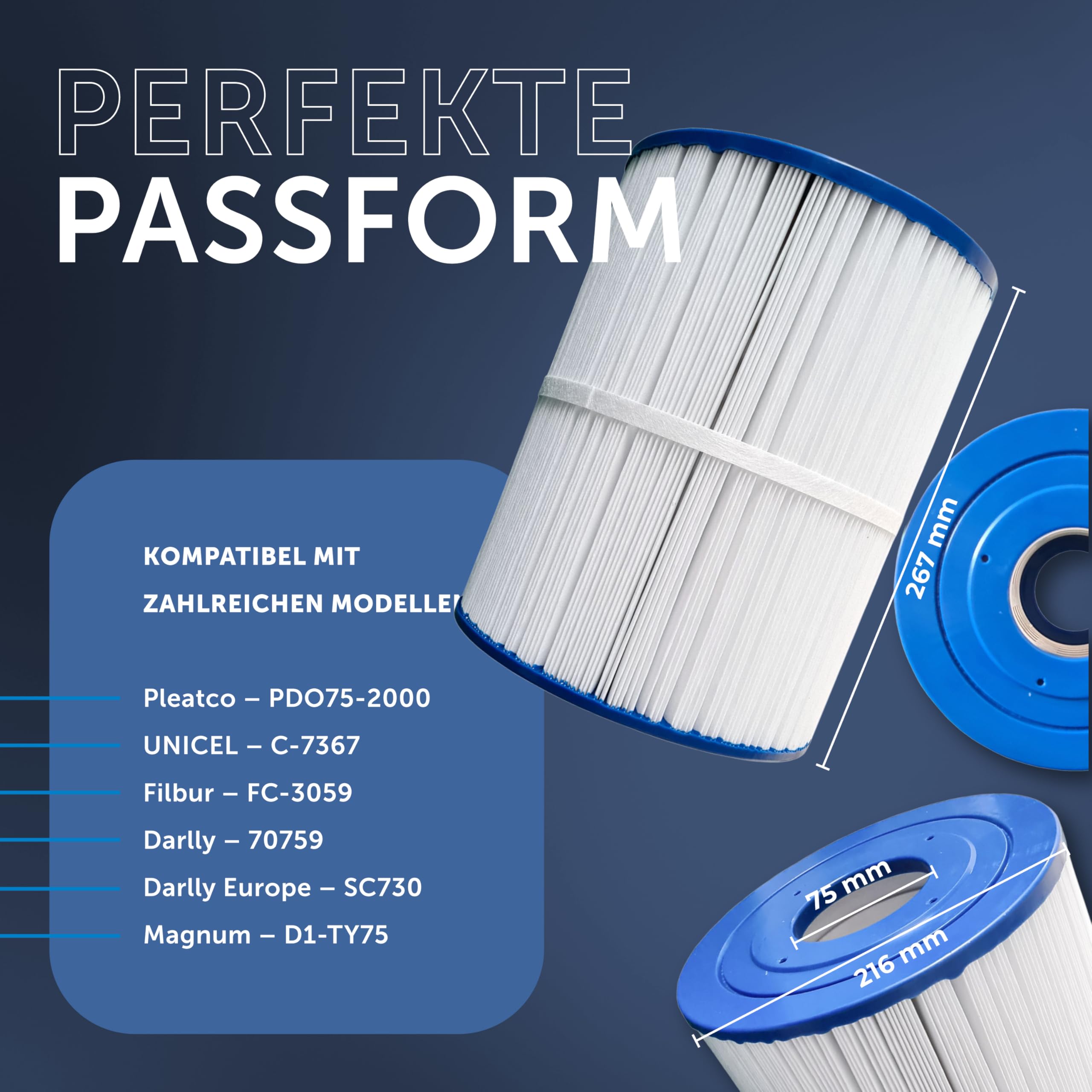 2x Ersatzfilter kompatibel mit Pleatco PWK65, Darlly 80651, Darlly Europe SC713, Magnum HS65 – Whirlpool Filterkartusche 65 sqft, Länge 267 mm, Ø 216 mm, beidseitige Öffnung 75 mm