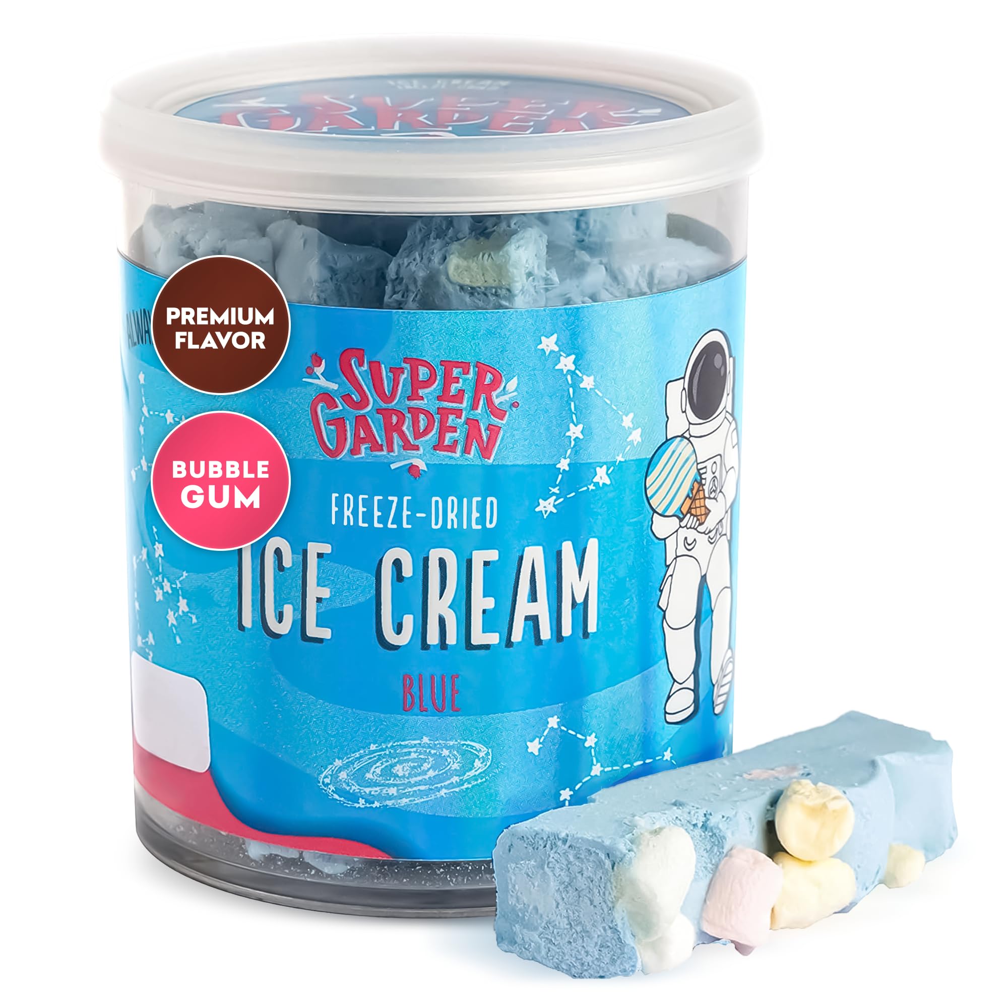 Super Garden Freeze Dried Blue Bubble Gum Ice Cream | Astronaut Space Dessert Extended Shelf Life | No Refrigeration Needed Treats for Camping & Special Occasions | Crunchy Freeze Dried Candy | 40g