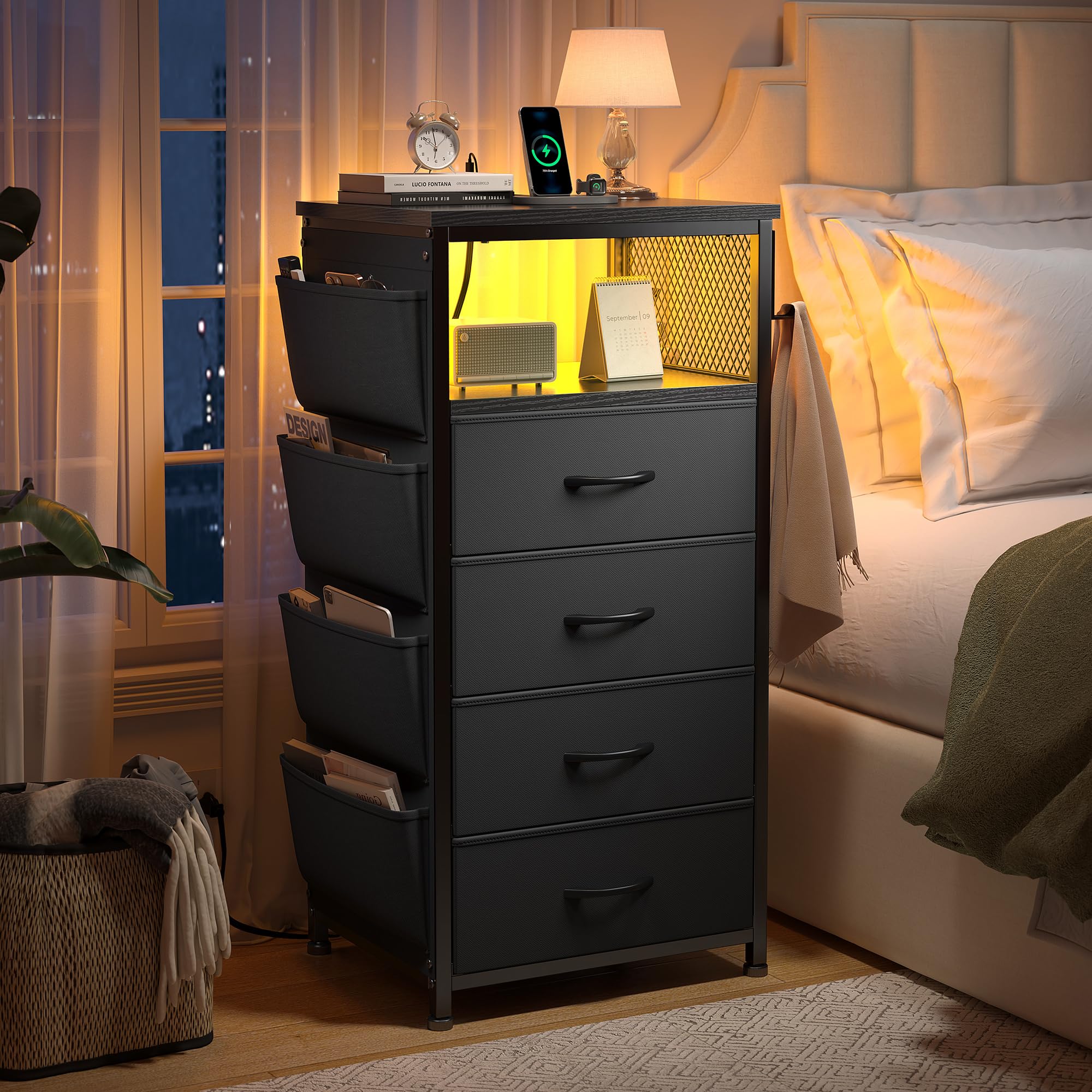 EnHomee LED Nightstand with Charging Station, 4-Drawer Fabric Dresser & Open Shelf, Bedside Table Chest with Lights for Bedroom, Hallway, Living Room,