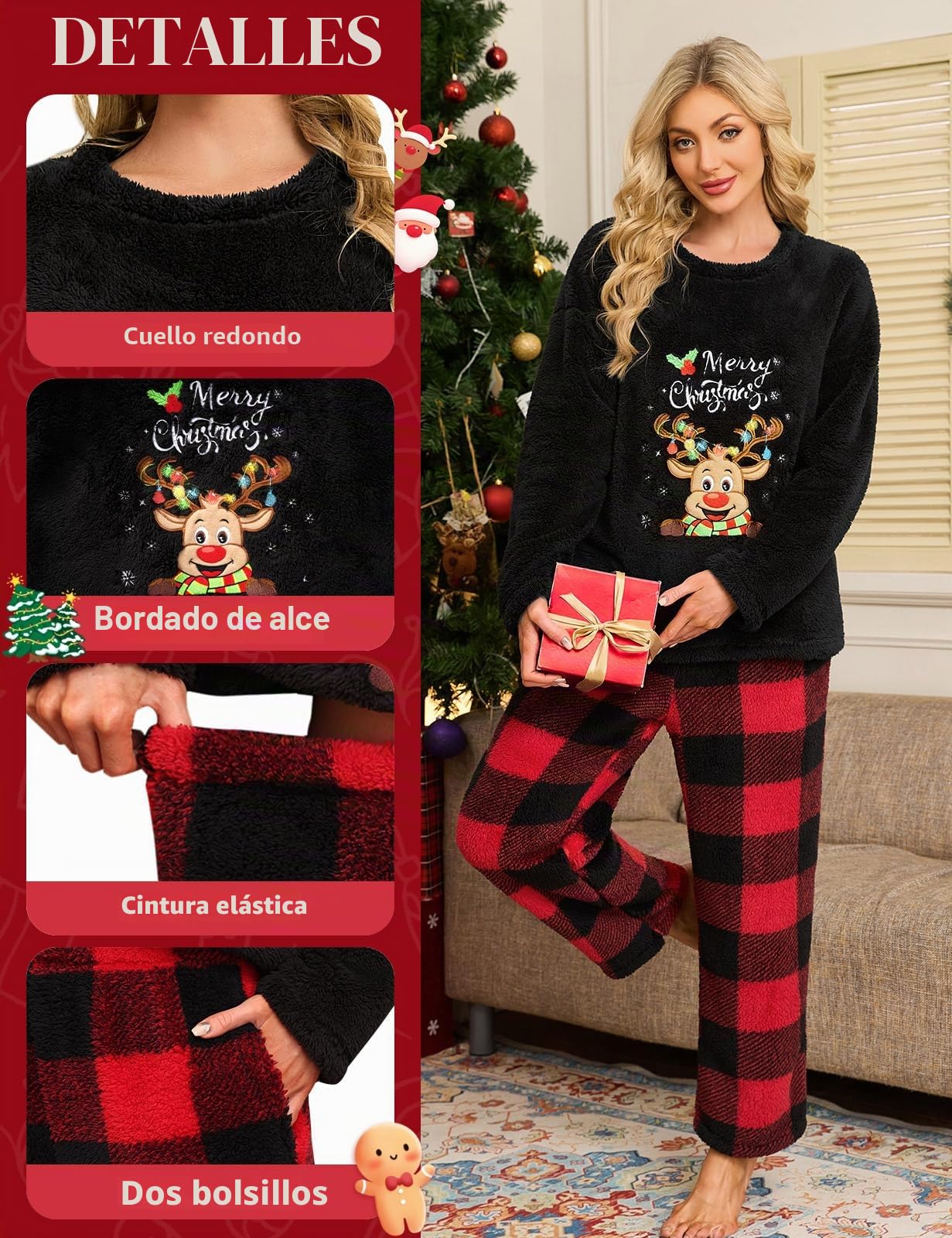 UMIPUBO Pijama Mujer Invierno Navidad Polar Manga Larga y Pantalón Largo con Bolsillo Franela 2 Piezas Conjunto de Pijama Navideños Calentito Cuadros Ropa de Dormir Suave Plaid Pijamas