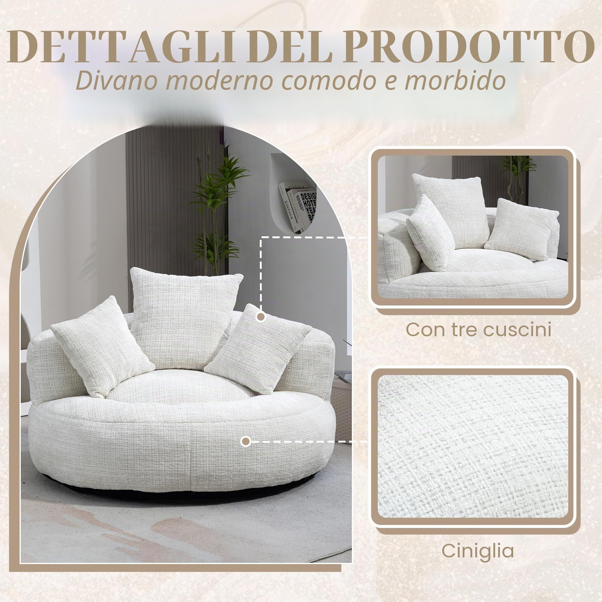 Soweiz Divano Confortevole e Durevole con Poggiatesta Alto, Sacco per Seduta con TRE Cuscini per Adulti e Bambini, Divano Singolo per Gaming per Camera da Letto, Ufficio (Beige)