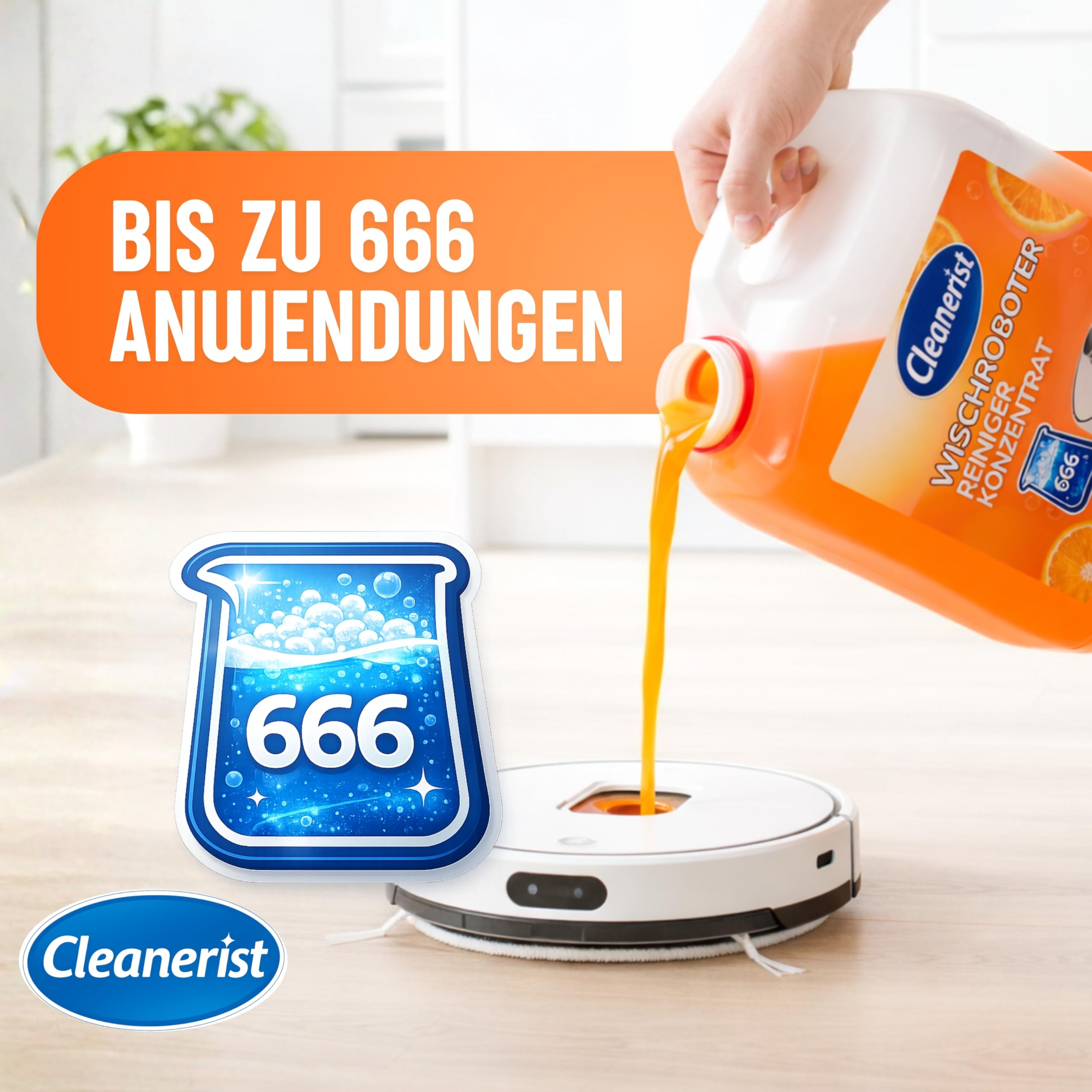 Cleanerist | 10L Wischroboter Reiniger Konzentrat mit Orangenduft [666 Füllungen] – 15ml auf 300ml Wasser – Universal Bodenreiniger für alle Modelle – Inkl. Ausgießer – Streifenfreie Sauberkeit