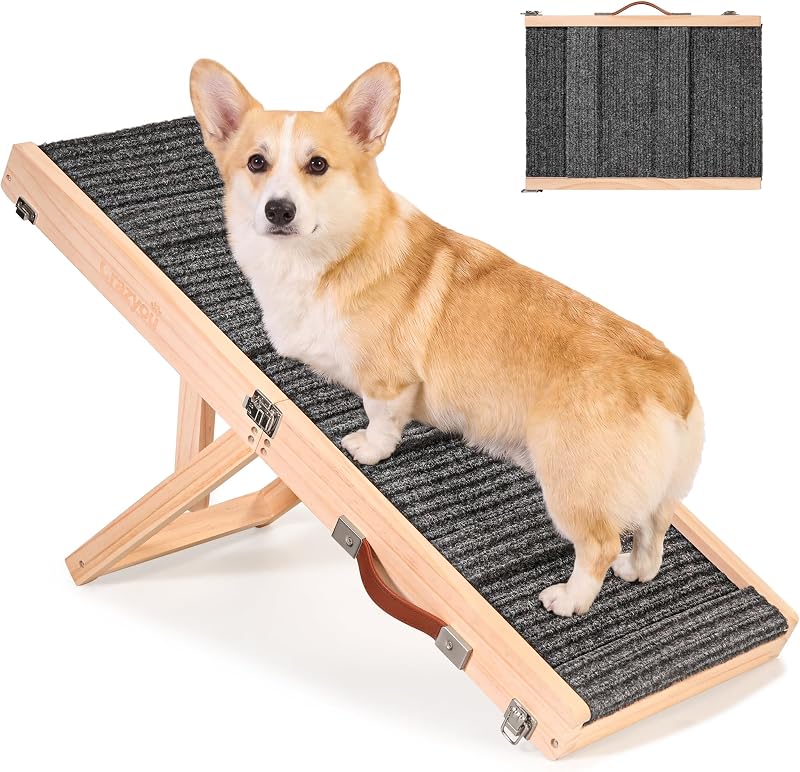 Foldable Dog Ramp for Bed/Couch/Small Dog, Adjustable Dog Stairs | Portable Pet Ramp Stairs, 4 Adjustable Heights from 9.25'' to 17.72", Wooden Dog Step with Non-Slip Pads for Senior Dogs Cat