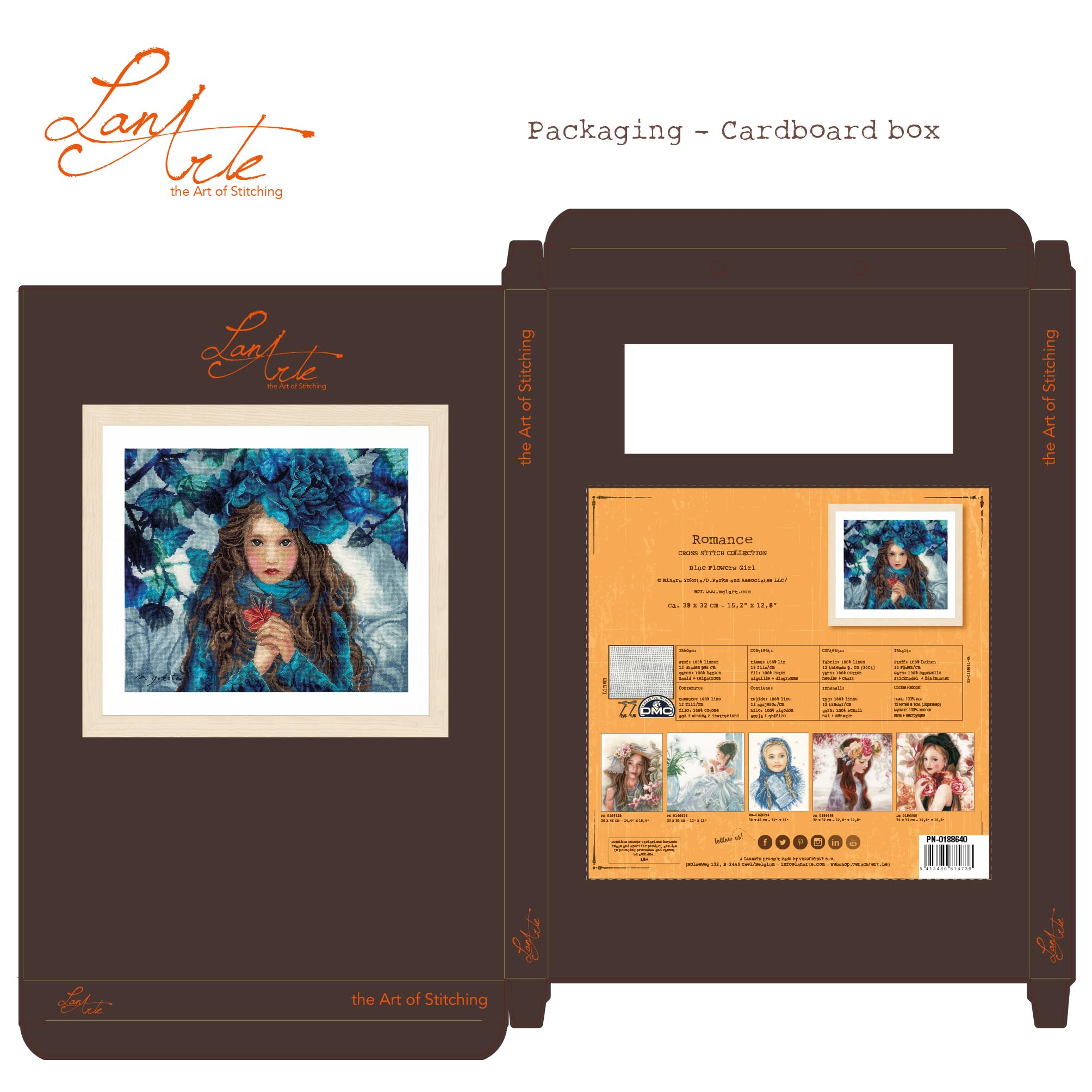 Lanarte Kreuzstich Stickpackungen Gezählter Kreuzstichbilder Set BLUE FLOWERS GIRL Wanddekoration Handarbeit Set für Erwachsene 38 x 32 cm DIY Deko Bastelset Handwerker Kreative Geschenkset
