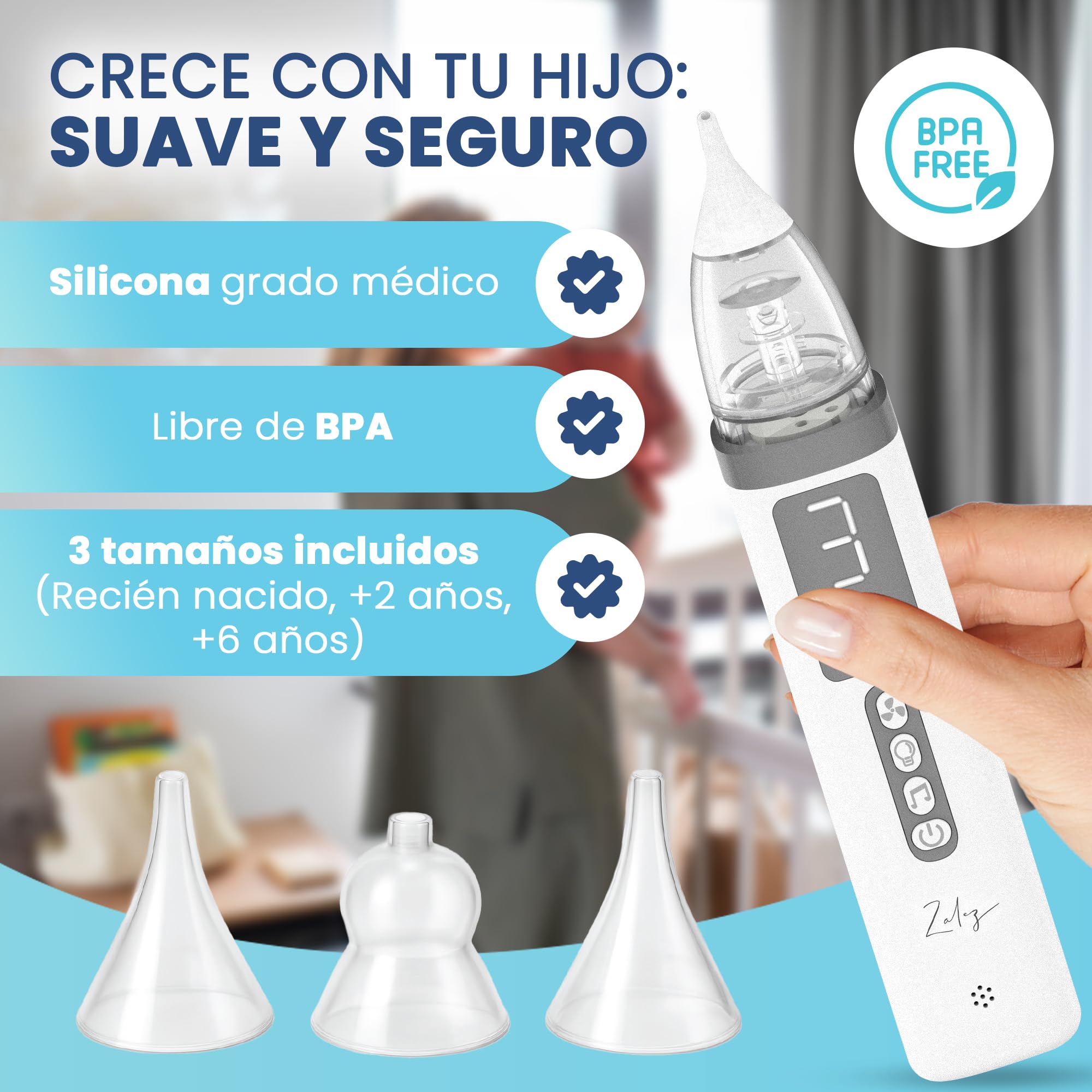 ZALEZ - Aspirador Nasal para Bebe - Sacamocos Bebe - Aspirador Nasal Recargable con 3 Boquillas y 3 Niveles de Succión - Saca Mocos para Bebes con Luz, Música Relajante para Recién Nacidos
