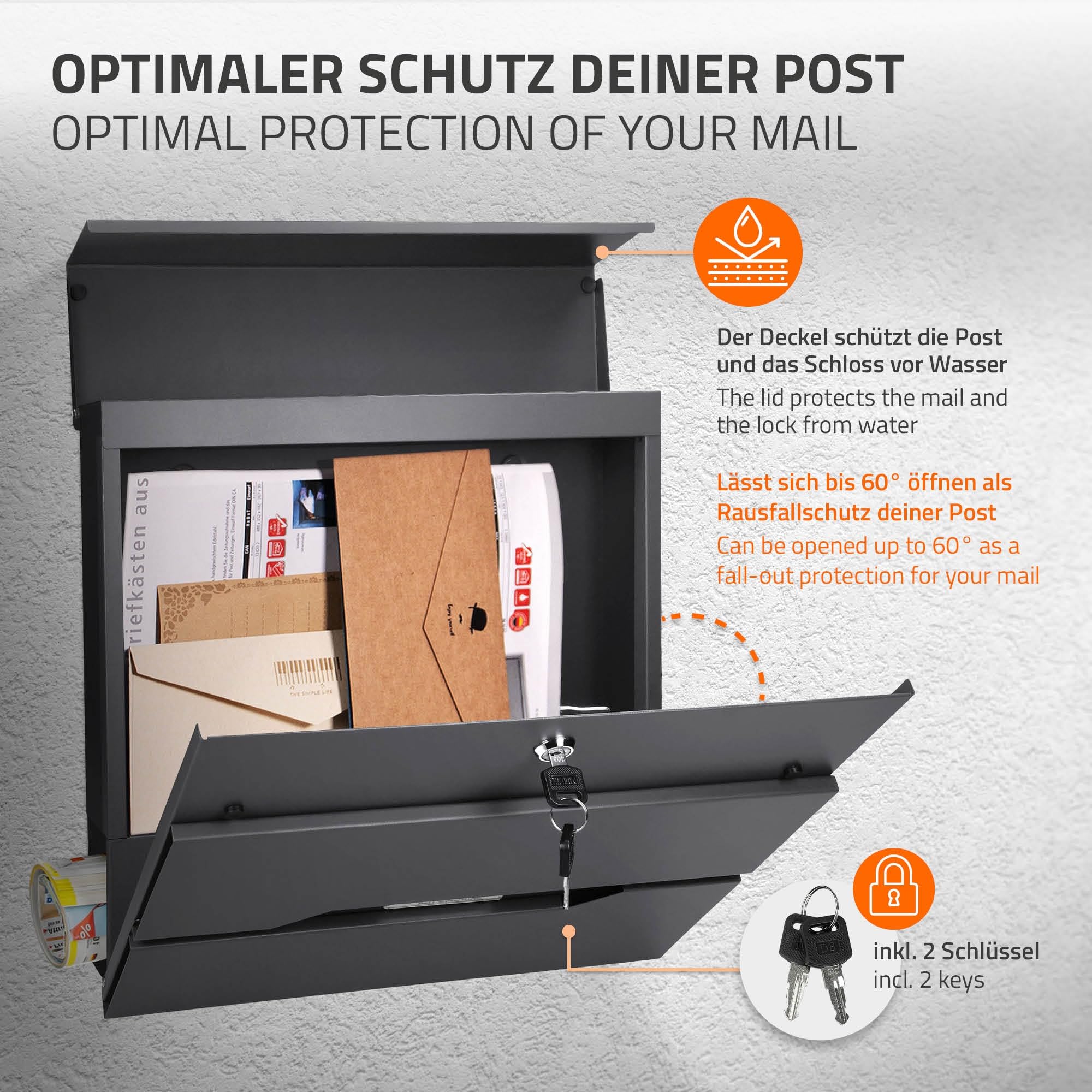 ECD Germany Cassetta Postale da Parete Design Moderno - 37x11x36,5 cm - in Acciaio Inox Verniciato a Polvere - Buca Lettere a Muro con Porta-Giornale 2 Chiavi incl. Materiale di Montaggio Antracite