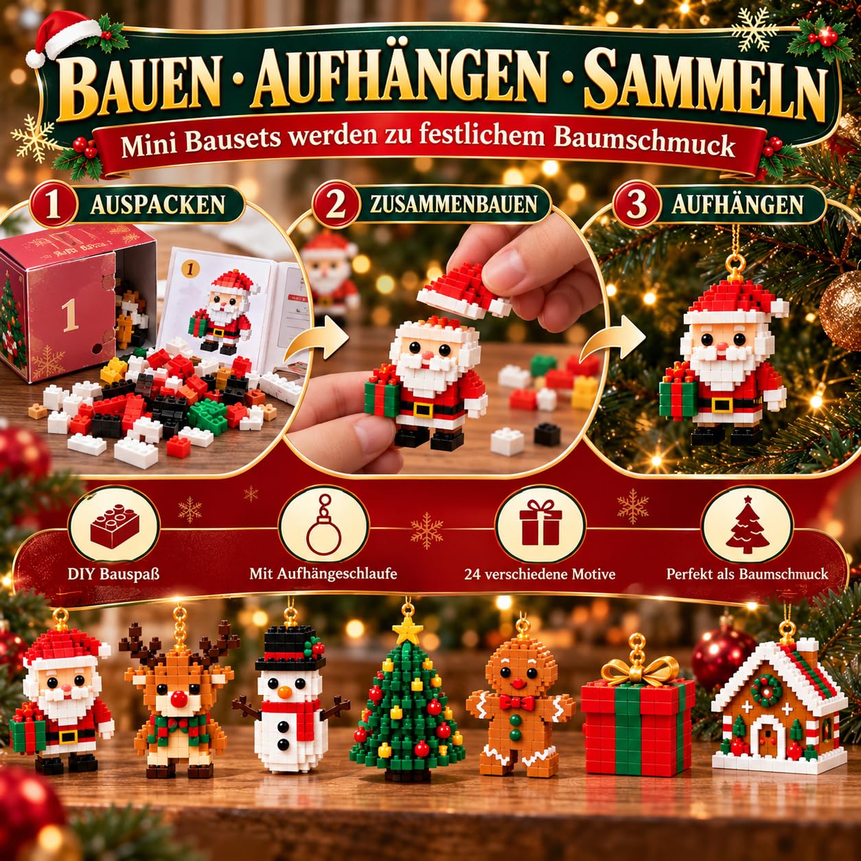 Adventskalender 2026, 24 Mini Bausteine Weihnachtsanhänger zum Bauen