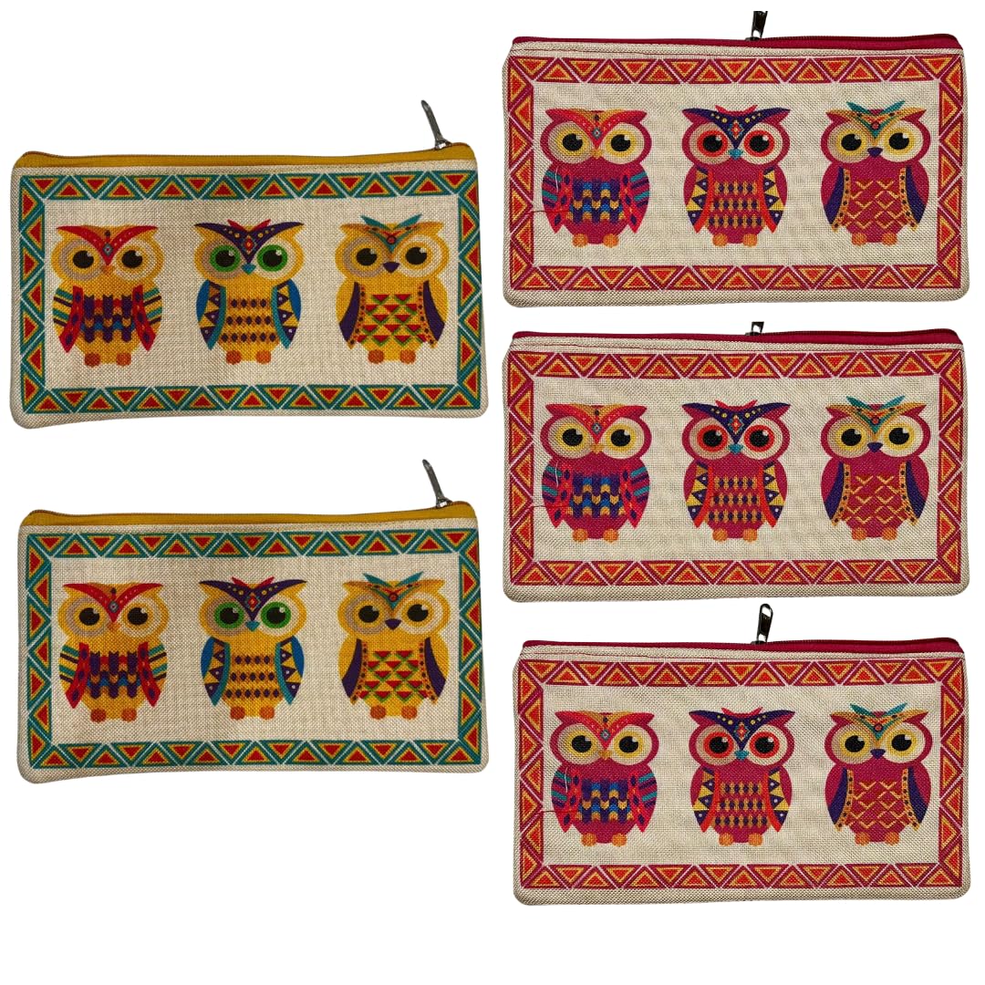 SwapKreations Jute Multipurpose Pouch – Gift for Women Premium Owl Print Case, Makeup Bag, Travel Pouch | Eco-Friendly | Vibrant Design | (25cm x 14cm) | Set of 5 - Two Yellow and Three red-image-48