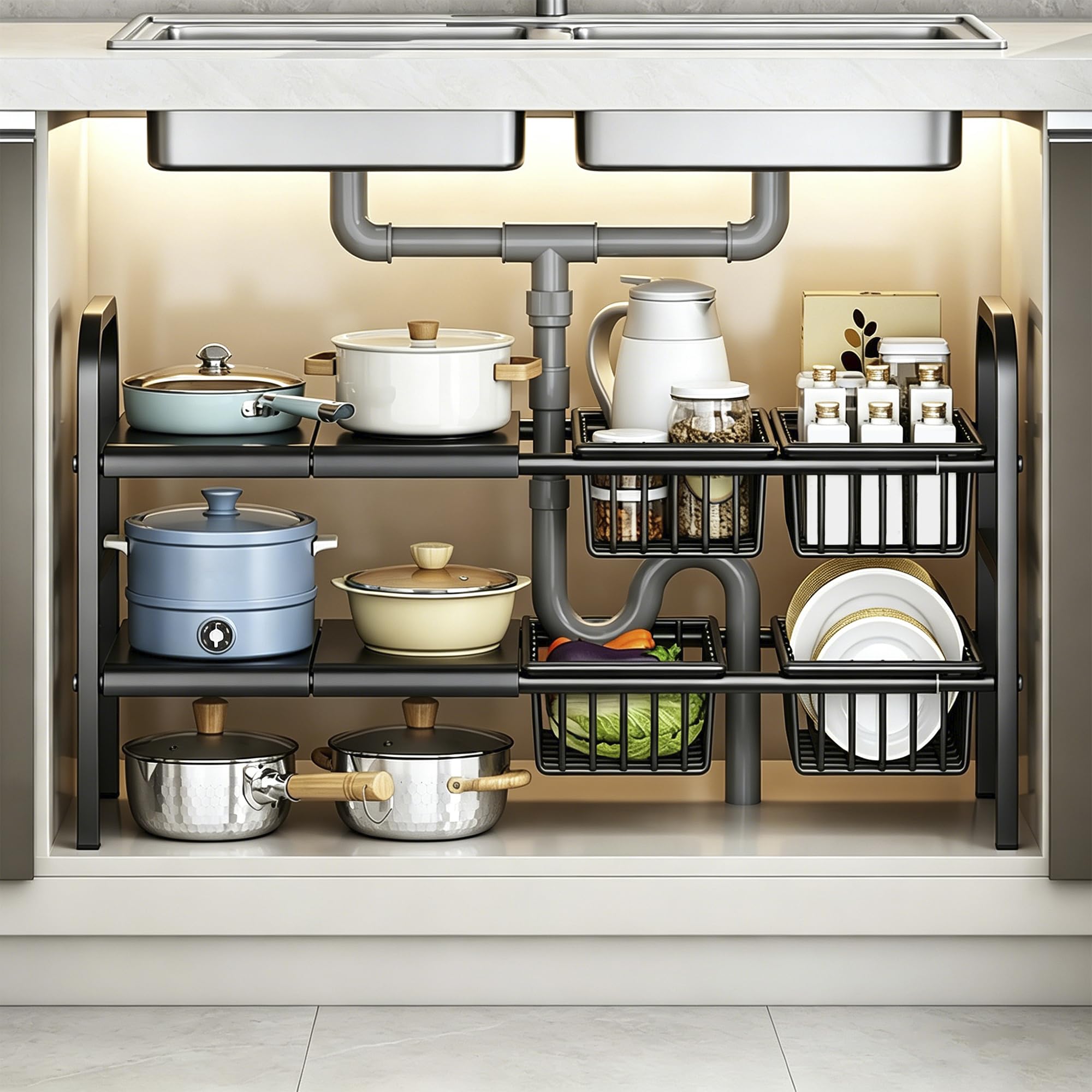 AKOZLIN 2 Tier Extendable Under Sink Organiser, Width 53-88cm x Depth 24.7cm x Height 48.5cm, Under Sink Storage with 4 Shelves & 4 Baskets, Easy Assembly, Black