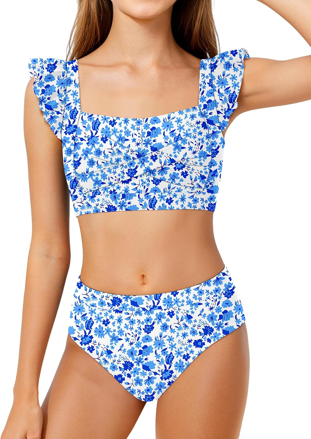 Girls Swimsuit 2 Piece RuffleTrim Square Neck Ruched Bikini Adjustable Straps Criss Cross Bathing Suit for Girls 9-16Y