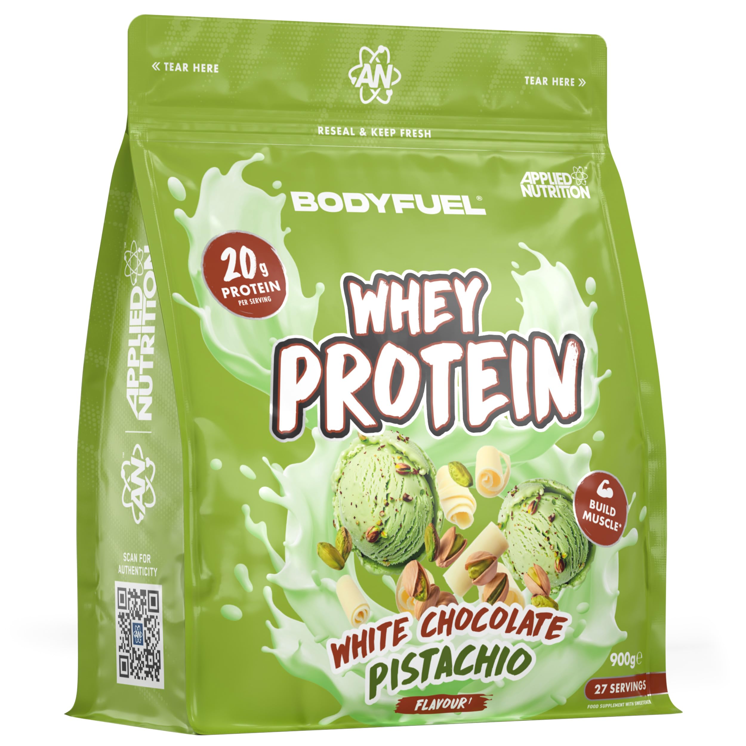 Bodyfuel Whey Protein Powder - 20g Protein for Muscle Recovery & Weight Management - Low-Calorie, Keto-Friendly - (900g - 27 Servings) (White Chocolate Pistachio)