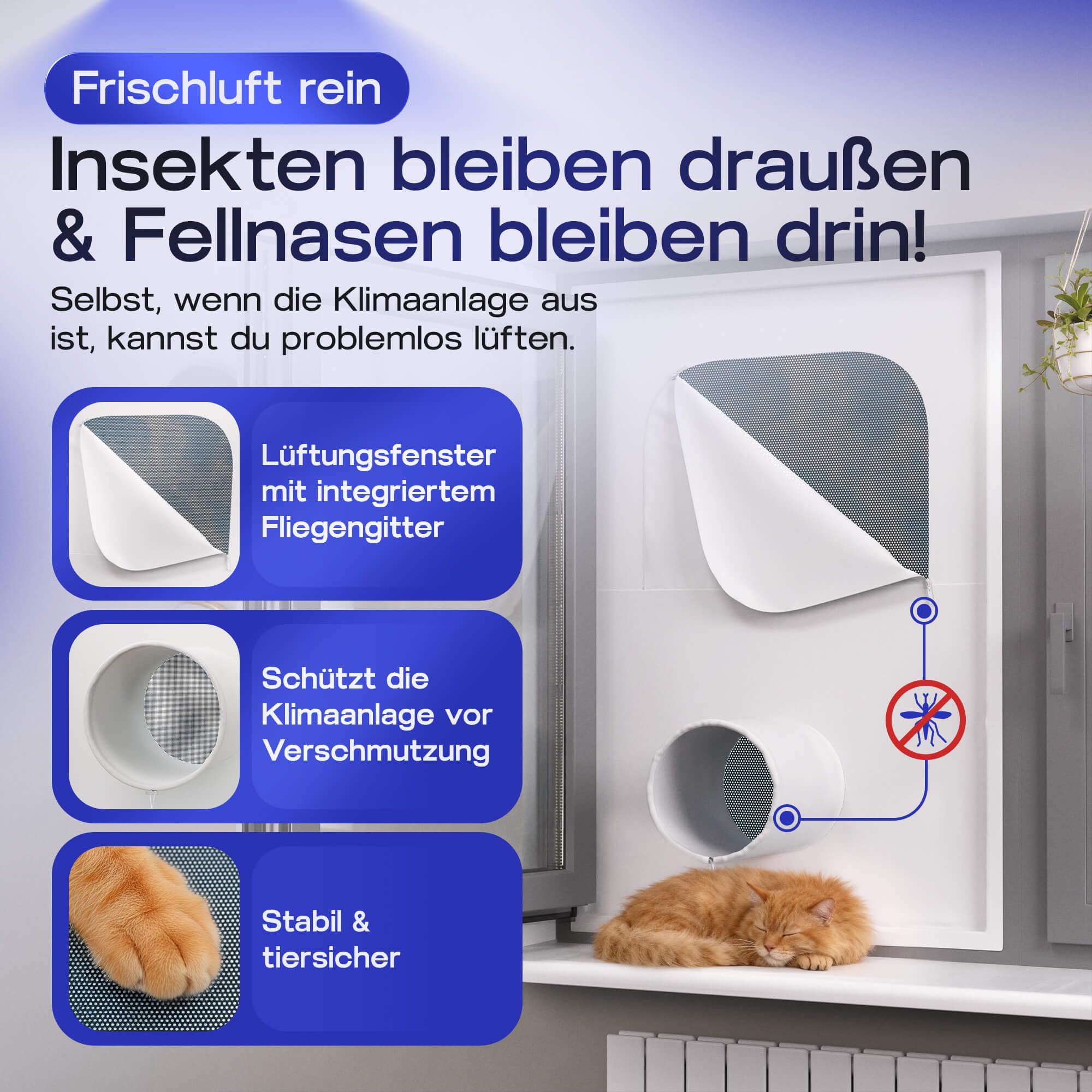 Fensterabdichtung für mobile Klimaanlagen & Klimageräte am Fenster | HeatProtect, Insektengitter, Kippfenster schließbar, Jeder Abluftschlauch, ohne Bohren
