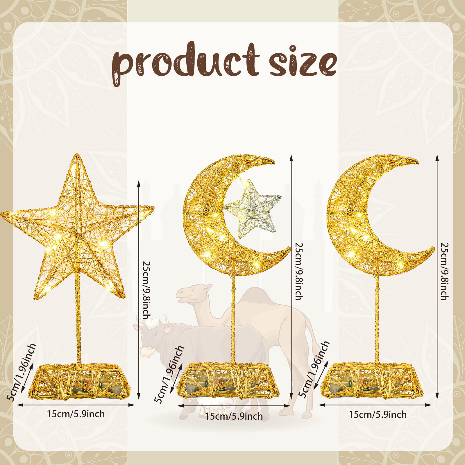 Baquler 3 Pcs LED Lighted Ramadan Moon and Star Ornament Gold Glittered Battery Operated Ramadan Decoration Table Decor for Indoor Home Bedroom Tabletop Centerpiece Holiday Party