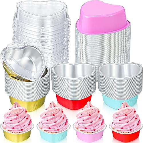 Paquete de 100 moldes para pasteles en forma de corazón con tapas, 3.4 onzas líquidas, papel de aluminio, para magdalenas, coloridos y desechables,