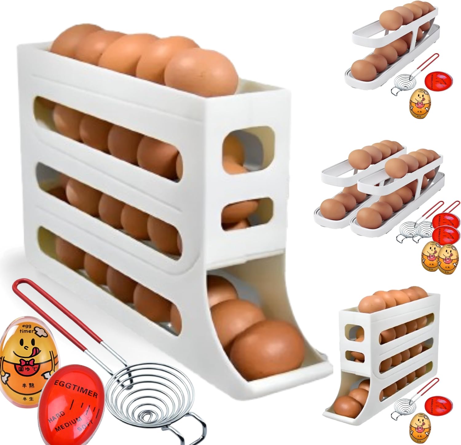 4 Pieces 1 Set Space Saving 28 Eggs Egg Holder For Fridge Auto Rolling – with Rolling Egg Holder with Separator & Egg Timer | Includes Holder & Timer & Separator All in One Set (4 Tier, 1 Count)