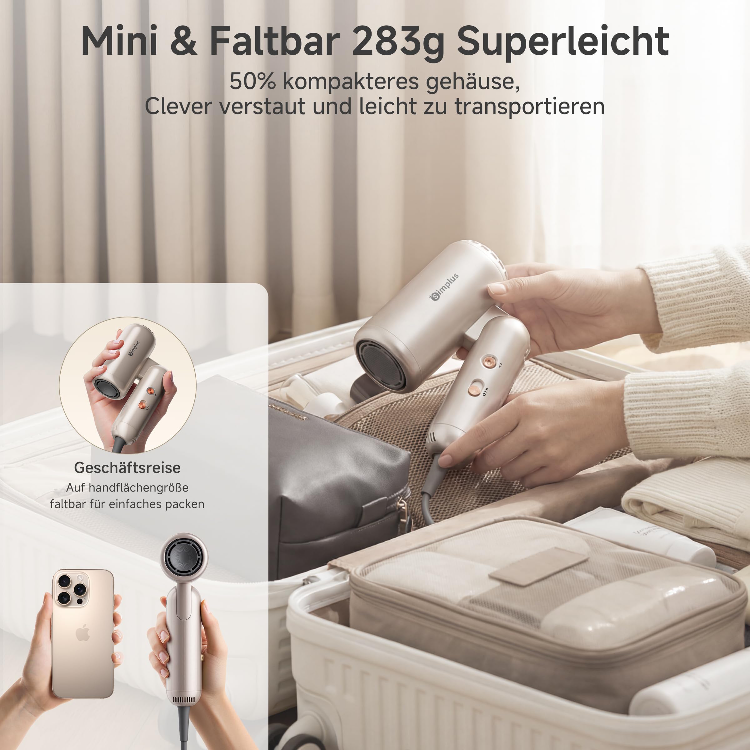 SIMPLUS Haartrockner Ionen Föhn Mini Reisefön Faltbar mit 110.000 U/min Motor 70m/s Schnelles Trocknen 300 Millionen Negativ-Ionen 8 Modi NTC Hitzeschutz für Zuhause und Reisen