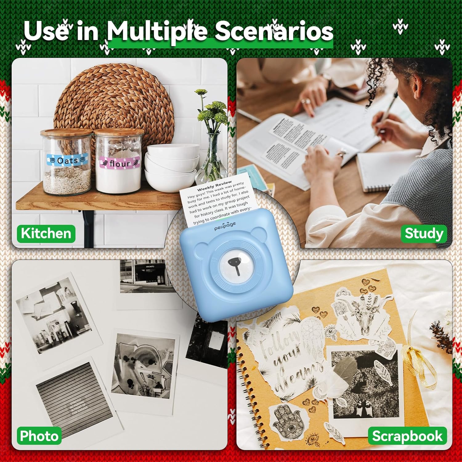 Collage showing the PeriPage A6 Mini Printer being used in various scenarios: kitchen labeling, study notes, photo printing, and scrapbooking.