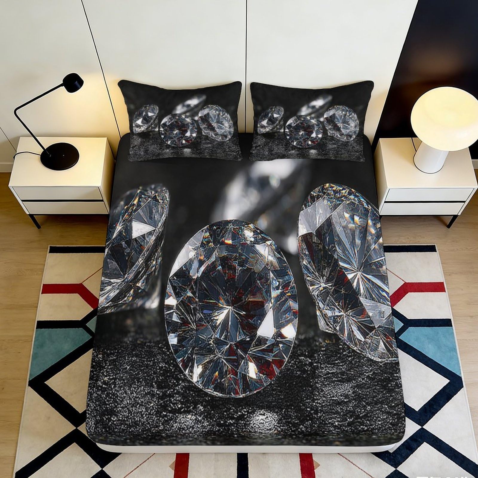 3D Printed Diamond Pattern Fitted Sheet Microfiber Soft Breathable Crystal Design Mattress Cover for Bedroom Dorm Dormitory Guest Room Protection 160x200x25cm