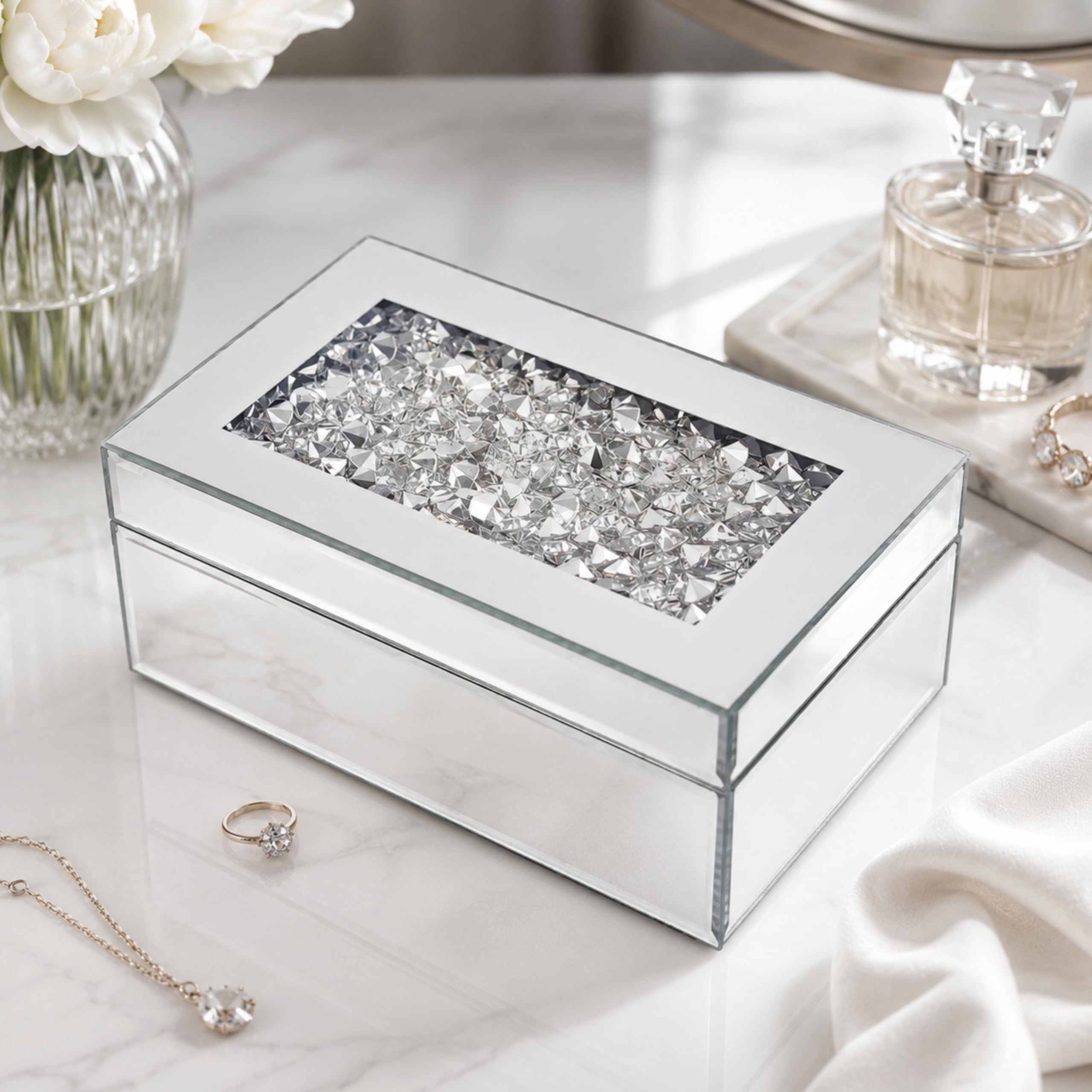 HomeZone Mirrored Jewellery Box with Crushed Diamond Lid - Silver Glass Jewellery Organiser Storage Box with Black Velvet Lining for Rings Necklaces Earrings Trinkets Vanity Display 21 x 13 x 9 cm