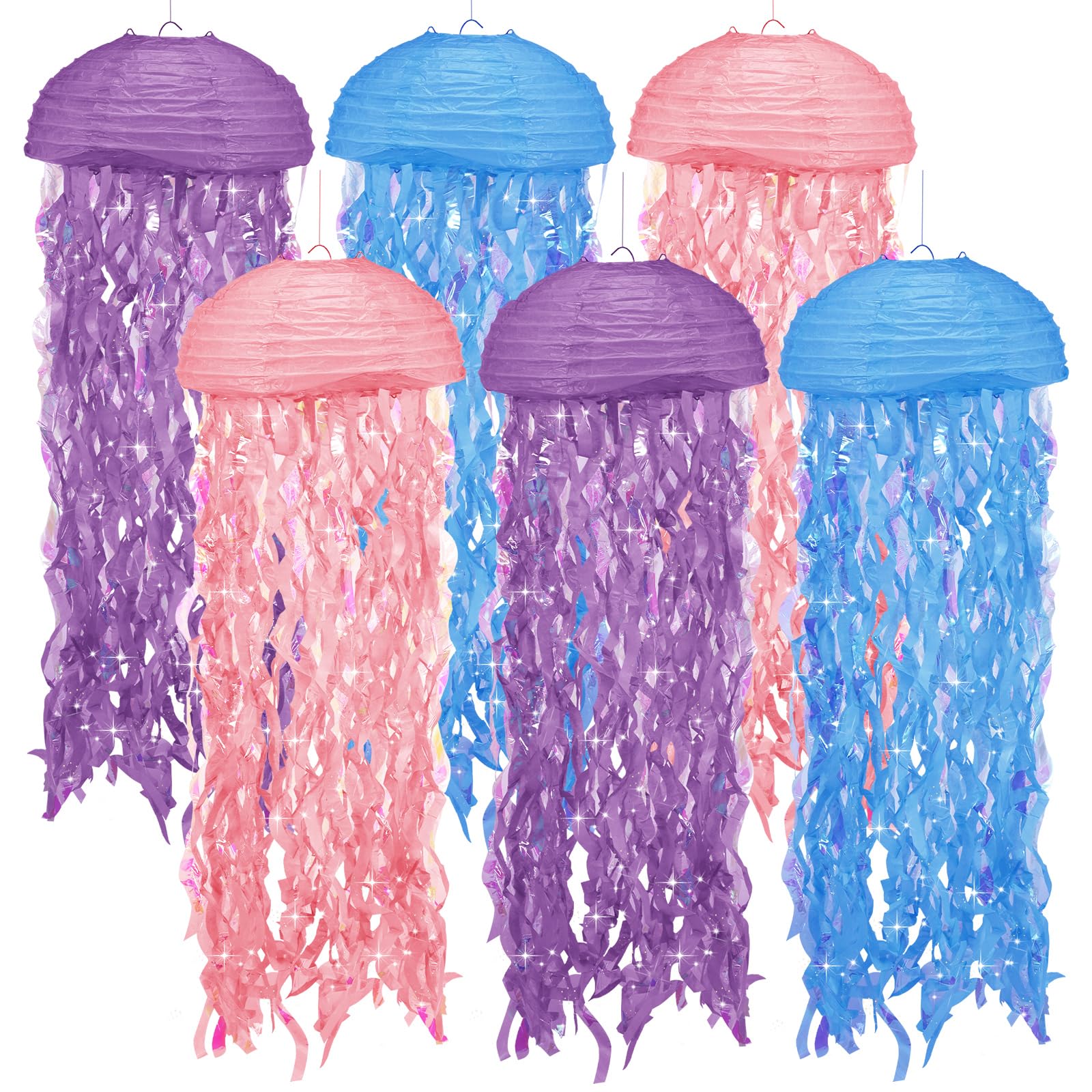 Jellyfish Paper Lanterns, 6Pcs Multi-Color Hanging Jelly Fish Paper Lanterns with String and Hooks Decoration for Mermaid Party, Birthday Party, Party Decorations (Multi-Colored B)