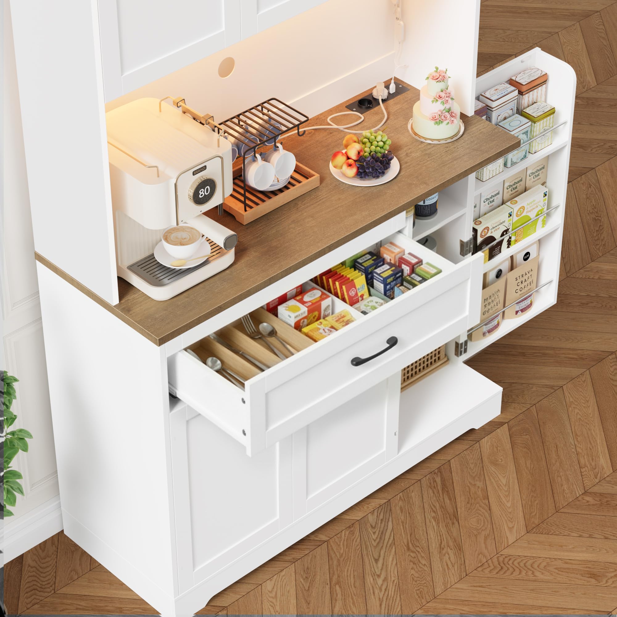 FirFurd 180.5 cm Mobile Cucina, Credenza Cucina Alta con Presa Integrata e Luce LED, Credenza con Porta Spezie, Ripiani Regolabili, Ampio Piano di Lavoro, 100.2x38.6x180.5 cm, Bianco