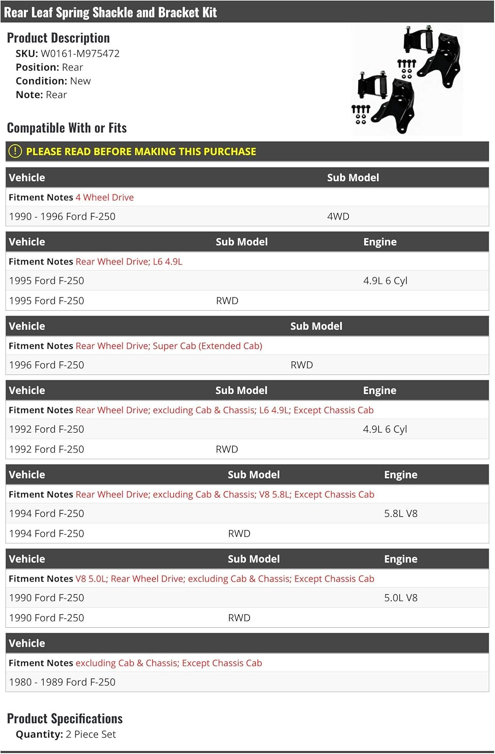 Rear Leaf Spring Shackle and Bracket Kit 2 Piece Set - Compatible with 1980-1996 Ford F-250