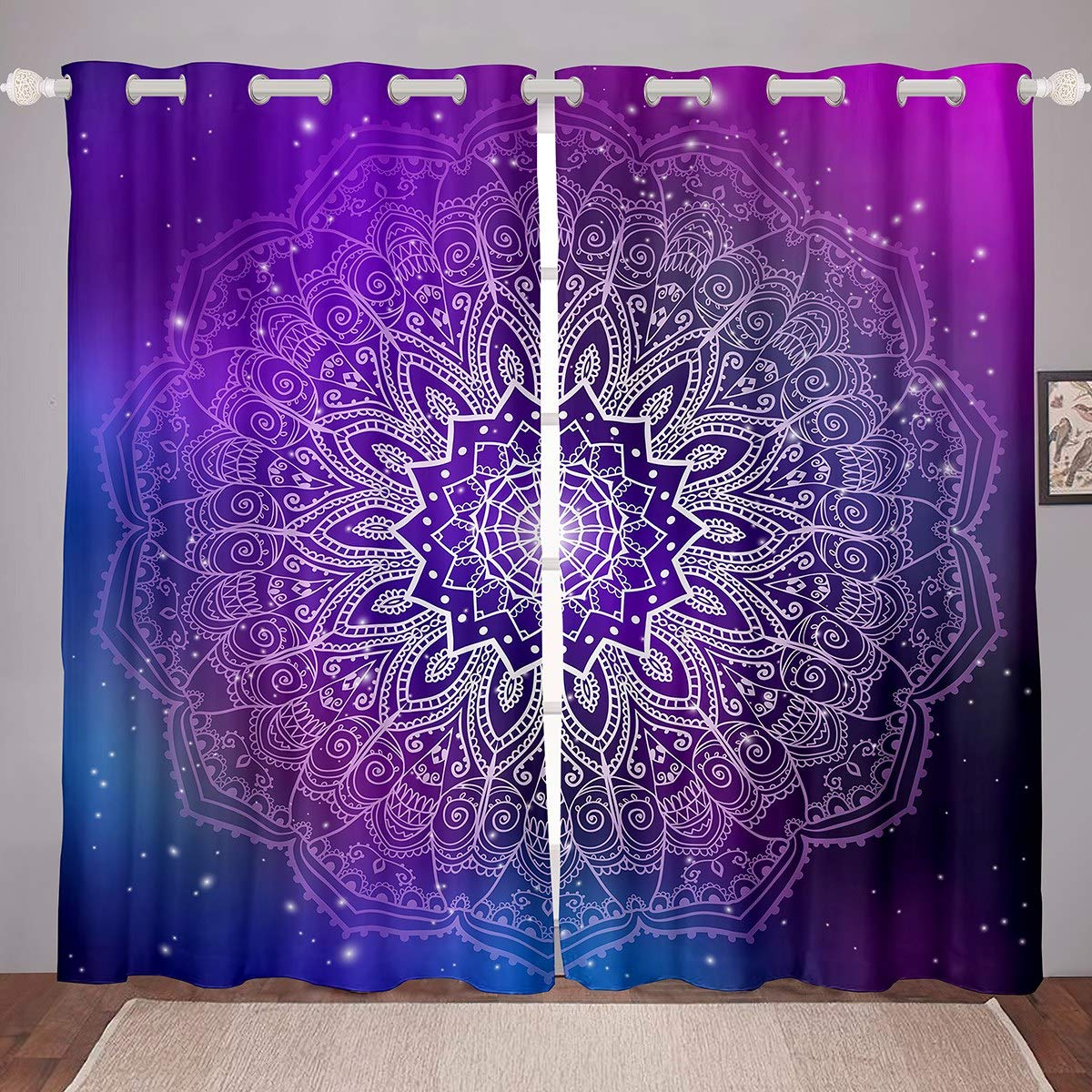 Loussiesd Girls Colour32 Hippie Mandala Window Curtain Kids Woman Boho Mandala Printed Blackout Curtains Bohemia Floral Print Curtains For Bedroom Purple Galaxy Darkening Thermal Drapes W46*L54,2 Panel Set